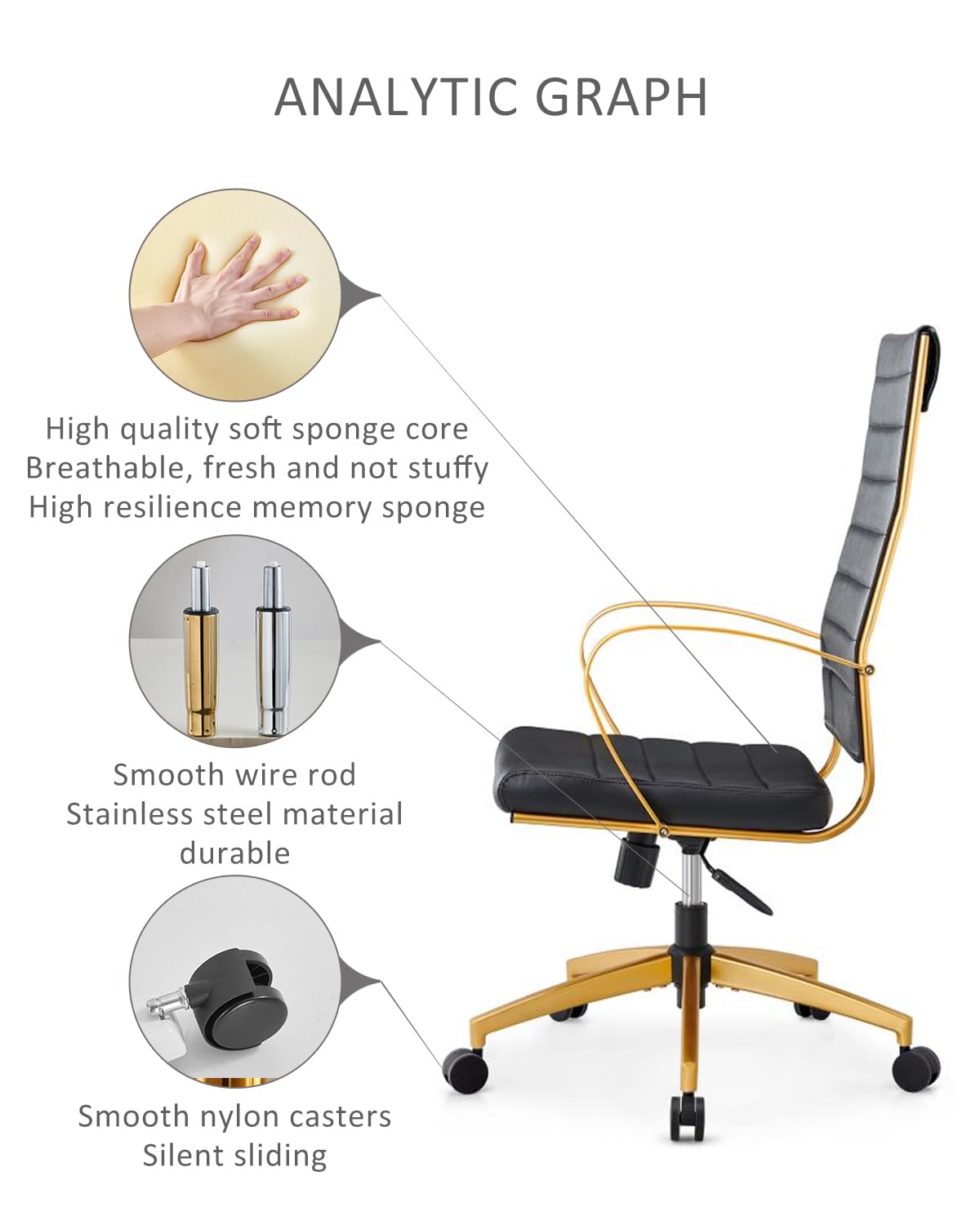 Premium Ergonomic Office Chair - High Back Gold Leather Desk Chair with Lumbar Support - Adjustable Home Office Chair for Study, Work & Gaming - Comfortable Computer Chair for Long Hours (Gold Black)