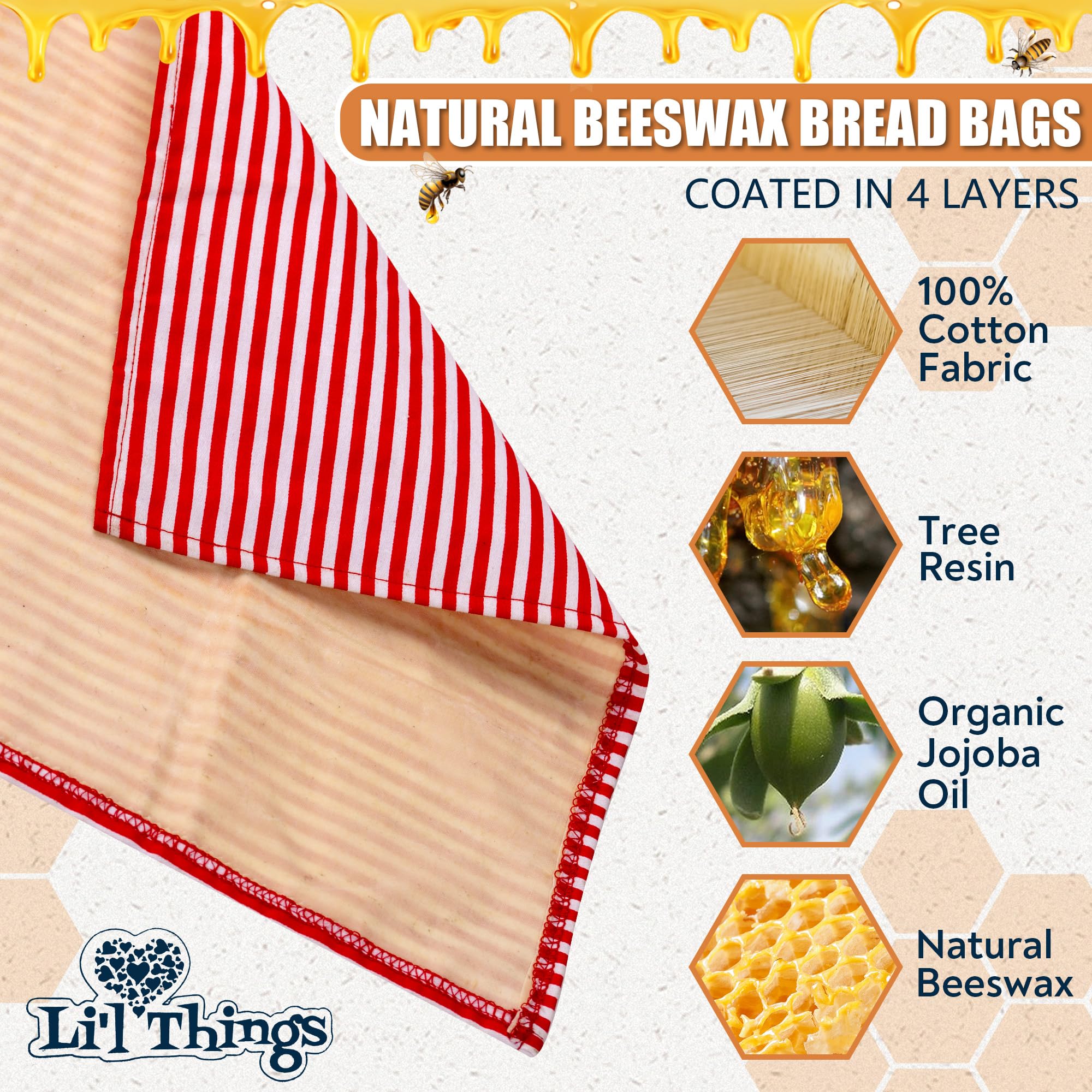 Eco-Friendly Reusable Beeswax Bread Bags Set of 2 Sizes (13x13 & 15x9 inches) - 6 Themed Food Storage Wraps for Homemade & Store-Bought Bread - Perfect for Picnics, Lunchboxes & Sustainable Kitchen Use - Stripey Red Design