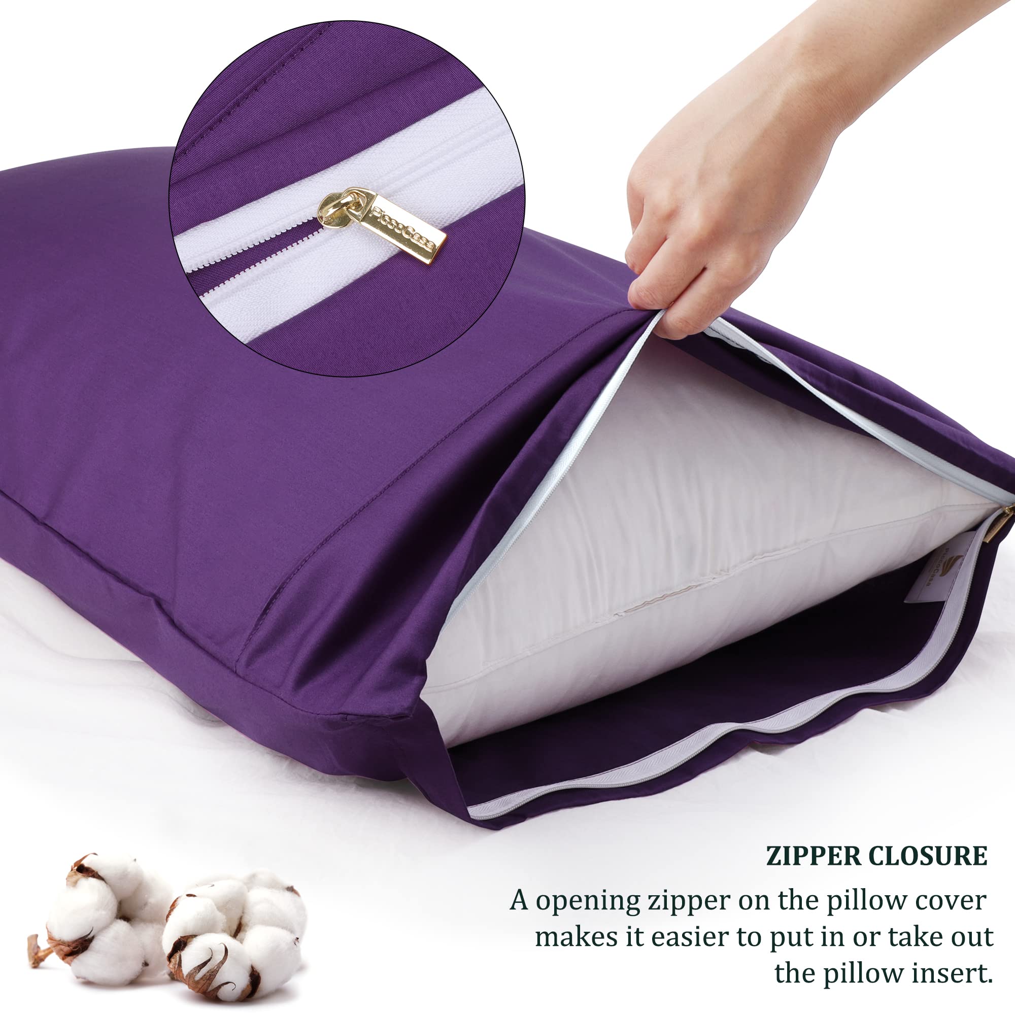 PiccoCasa King Size Grape Pillowcase Set of 2 - 100% Cotton Super Soft Zipper Closure Pillow Covers 20x36 Inches for Hotel & Home Bedroom Luxury Comfort