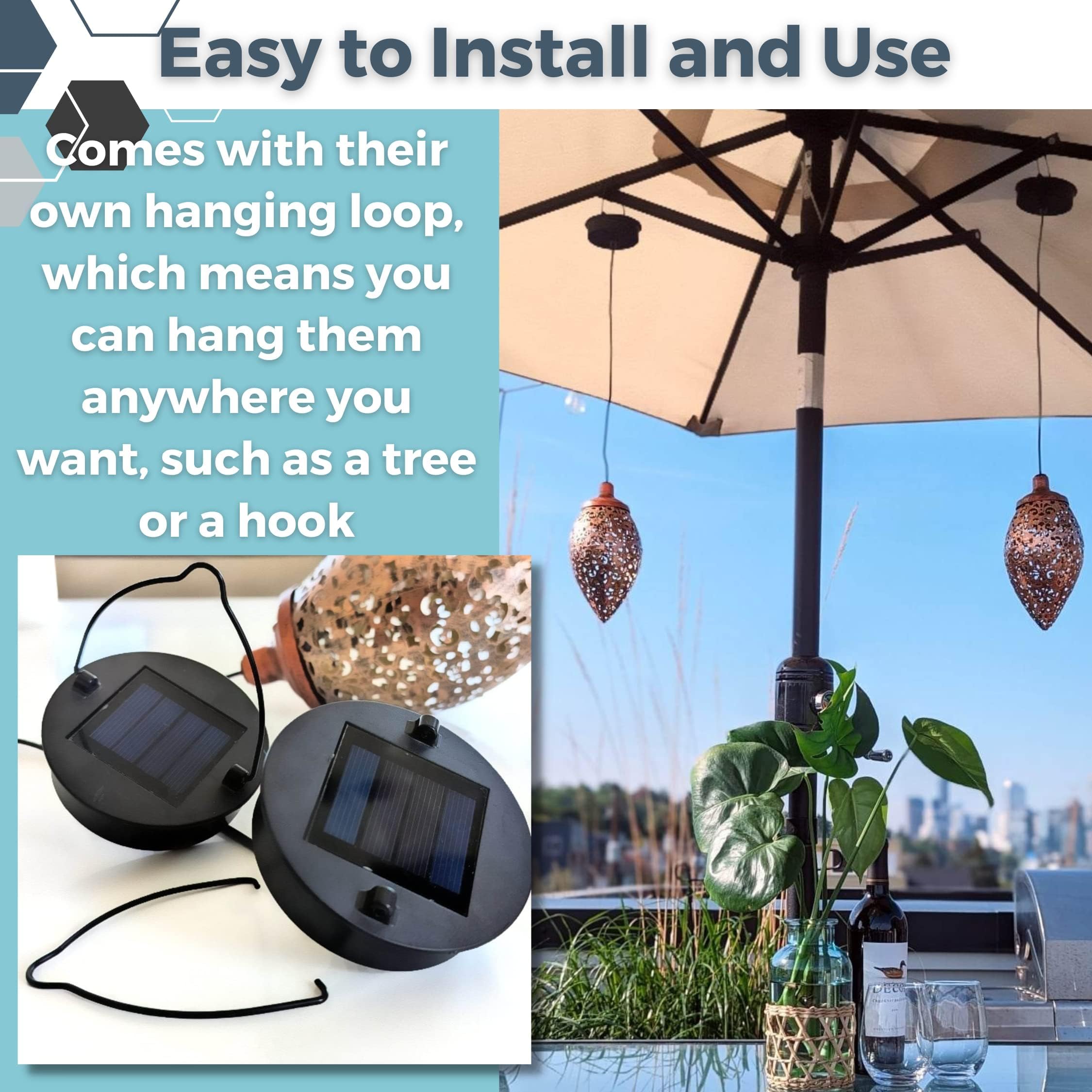 Solar Hanging Lanterns Set of 2 - Moroccan Style Rechargeable Outdoor Lights for Garden, Party, Front Porch, Patio, Yard, and Pathway Decoration