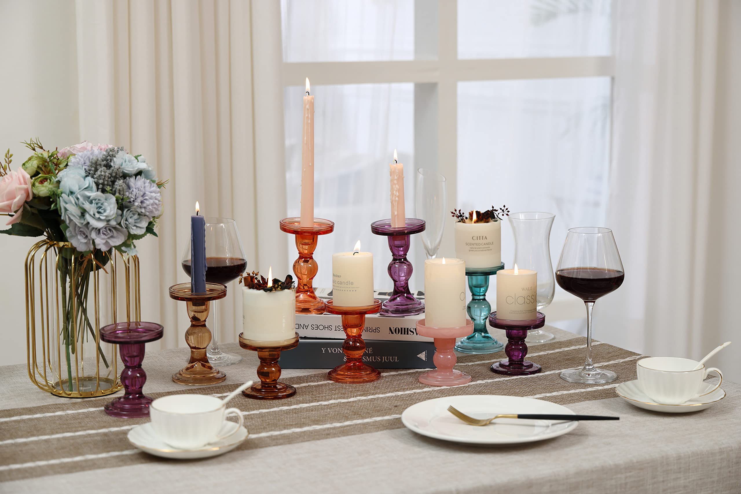GMWD 3-Piece Glass Candle Holder Set - Clear & Purple for Wedding Centerpieces & Home Decor