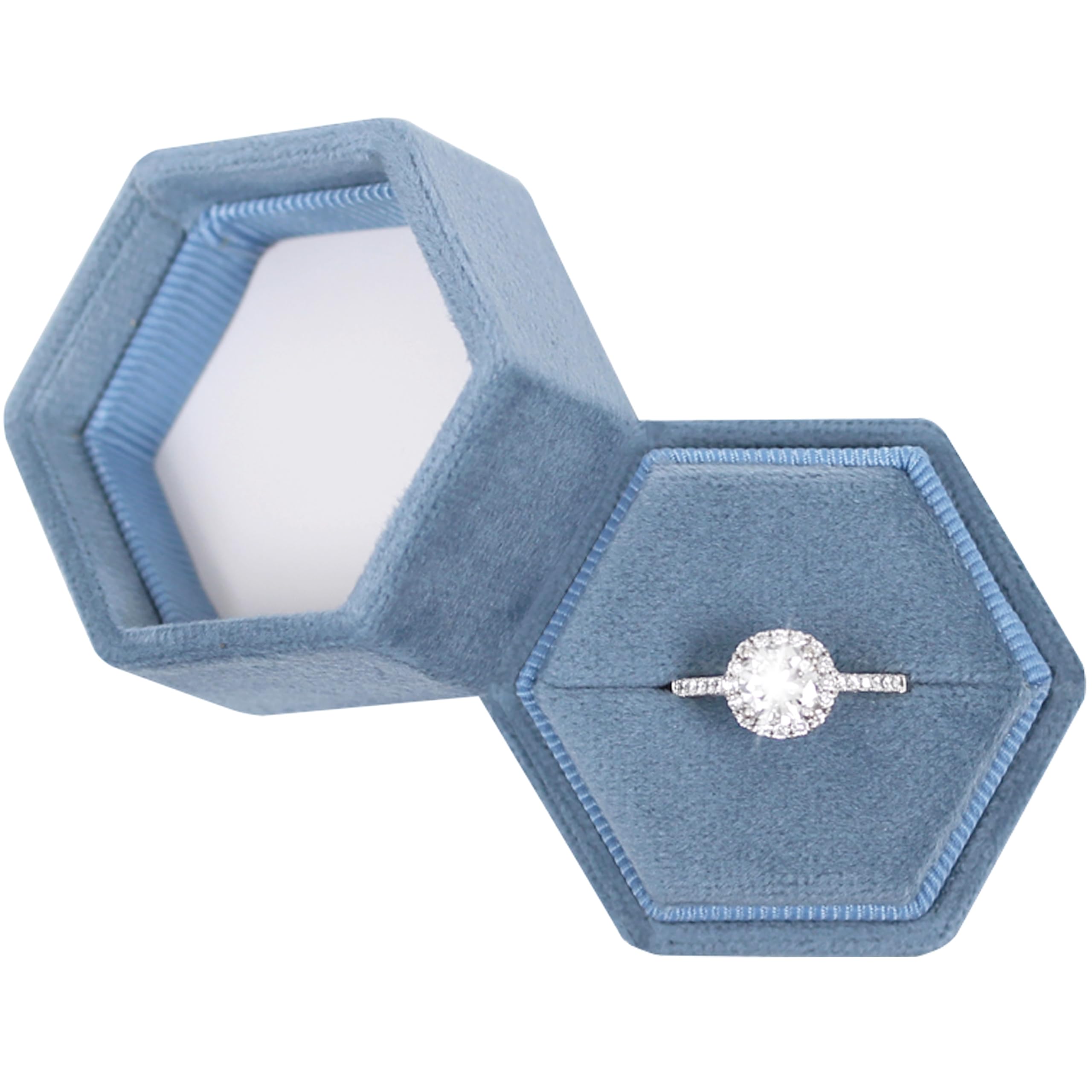 Hexagon Velvet Jewelry Box - Single Slot Ring Box for Engagement, Wedding & Bridal Keepsake - Ocean Blue - Perfect for Proposals, Anniversary Gifts & Photo Shoots