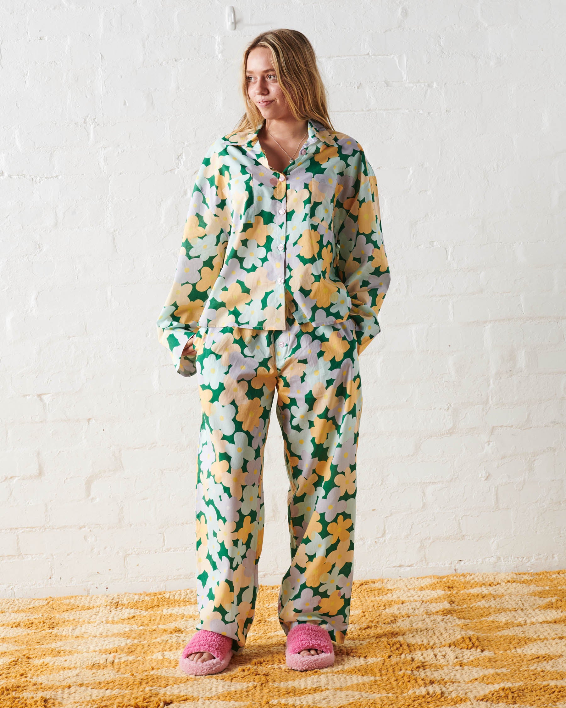 Organic Cotton Long Sleeve Pajama Set for Teens - Bush Daisy Print Sleepwear, Comfy Loungewear for Girls, Cozy Nightwear for Sleepovers & Relaxing at Home