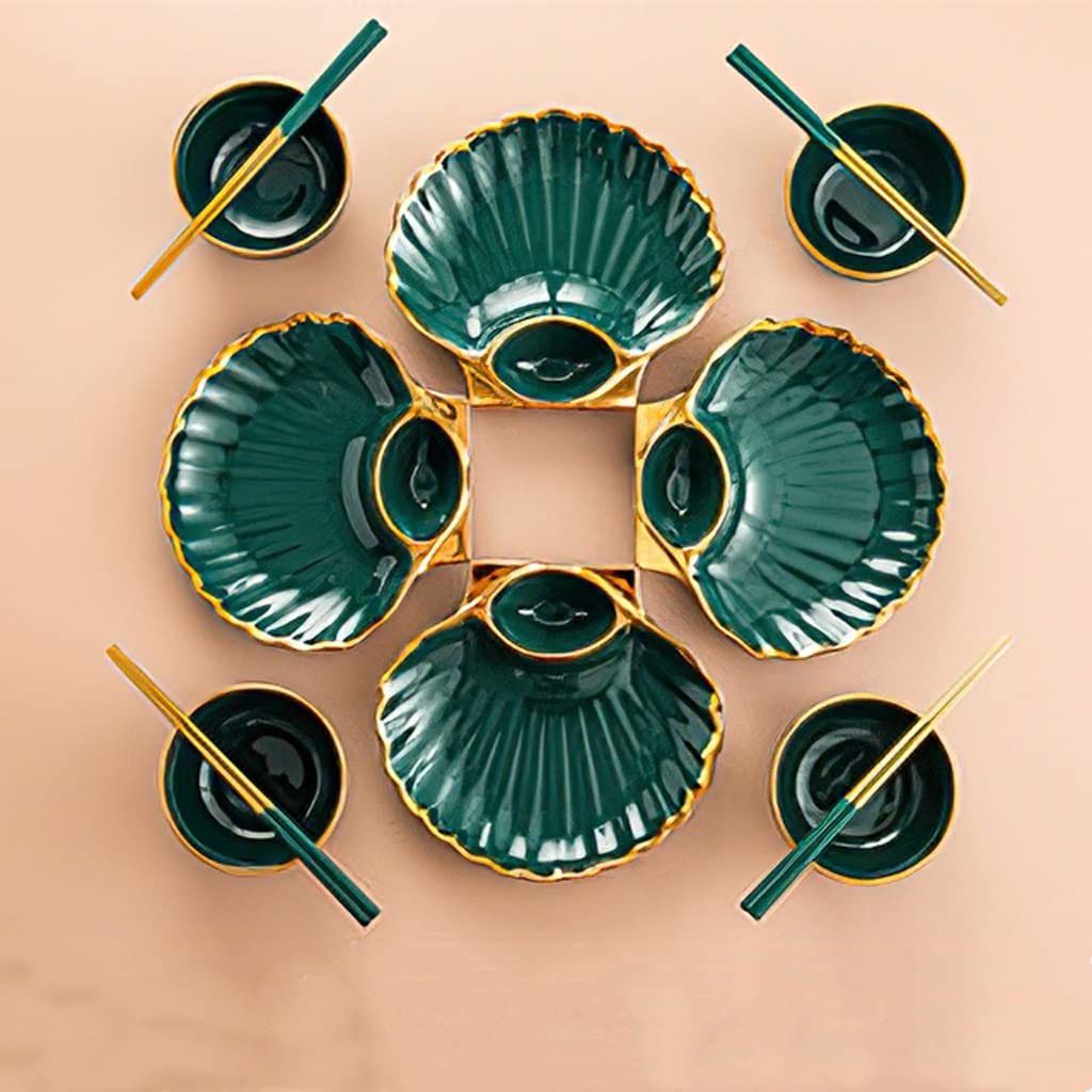 Eco-Friendly Green Gold Rim Ceramic Dinner Plate Set - 10.5 Inch Shell Design for Breakfast, Snacks, Dumplings, Salad, Noodle & Soup | Includes Chopsticks | Elegant Tableware for Home Dining, Parties & Restaurants (Color: Green)