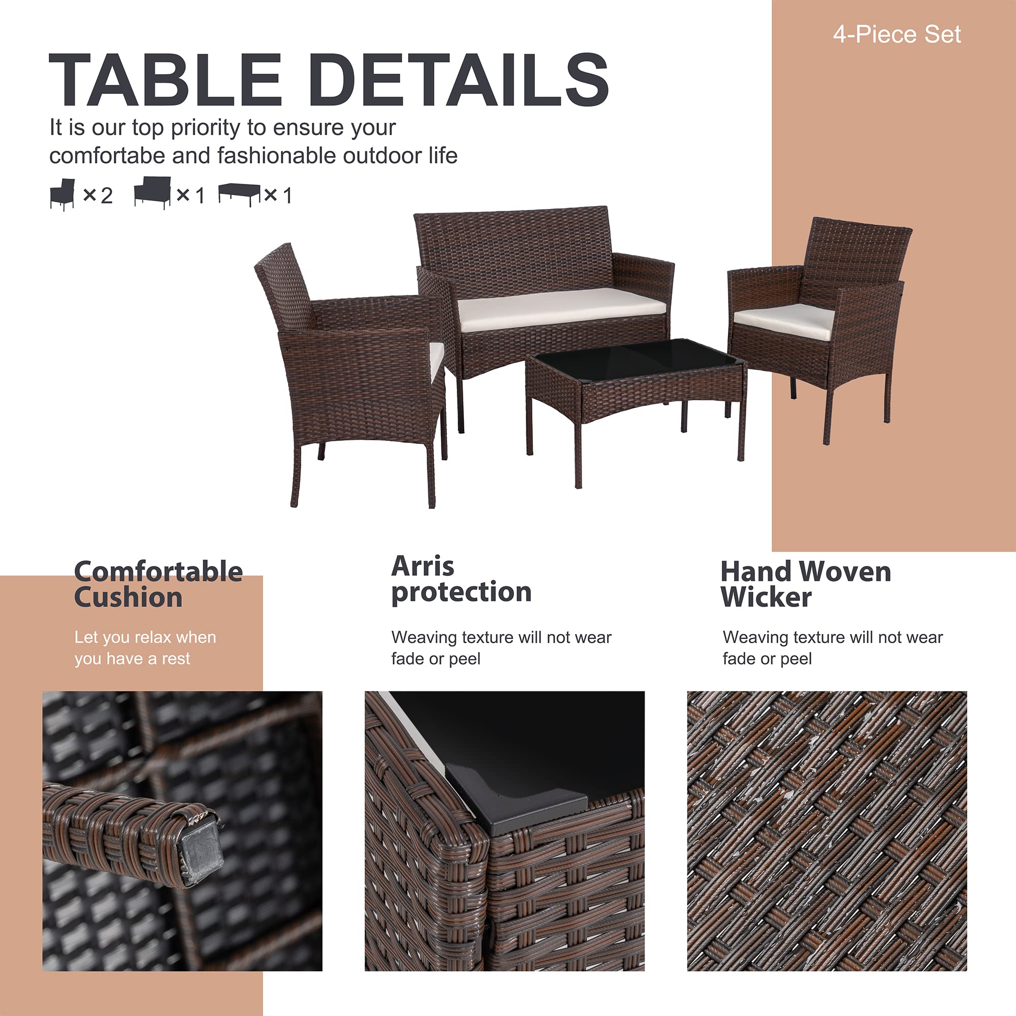 **SUNLEI 4-Piece Outdoor Patio Furniture Set - Rattan Wicker Conversation Set with Coffee Table, Brown & White - Perfect for Backyard, Porch, Garden, Poolside, Balcony, Indoor & Outdoor Use**