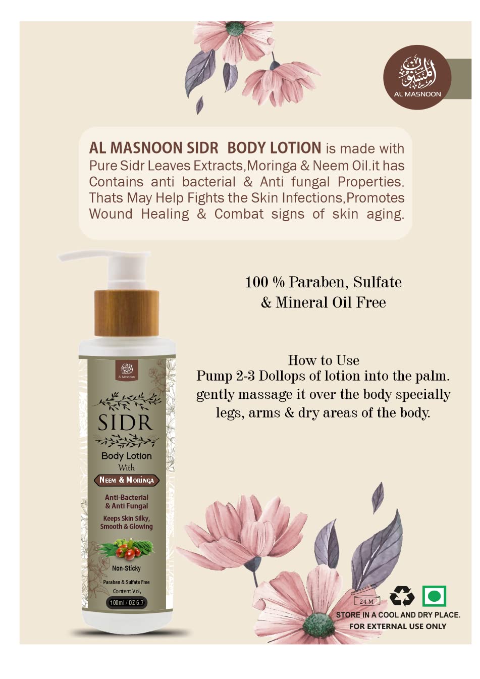 AL MASNOON Sidr Body Lotion with Moringa & Neem - Natural Moisturizer for Silky Smooth Skin - Paraben & Sulfate Free - 100ml (Pack of 1) - Perfect for Daily Hydration & Dry Skin Care