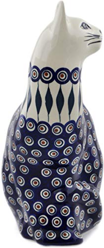 Authentic Polish Pottery 13-inch Cat Figurine - Handcrafted Peacock Design with Certificate of Authenticity | Unique Home Decor, Gift for Cat Lovers & Collectors
