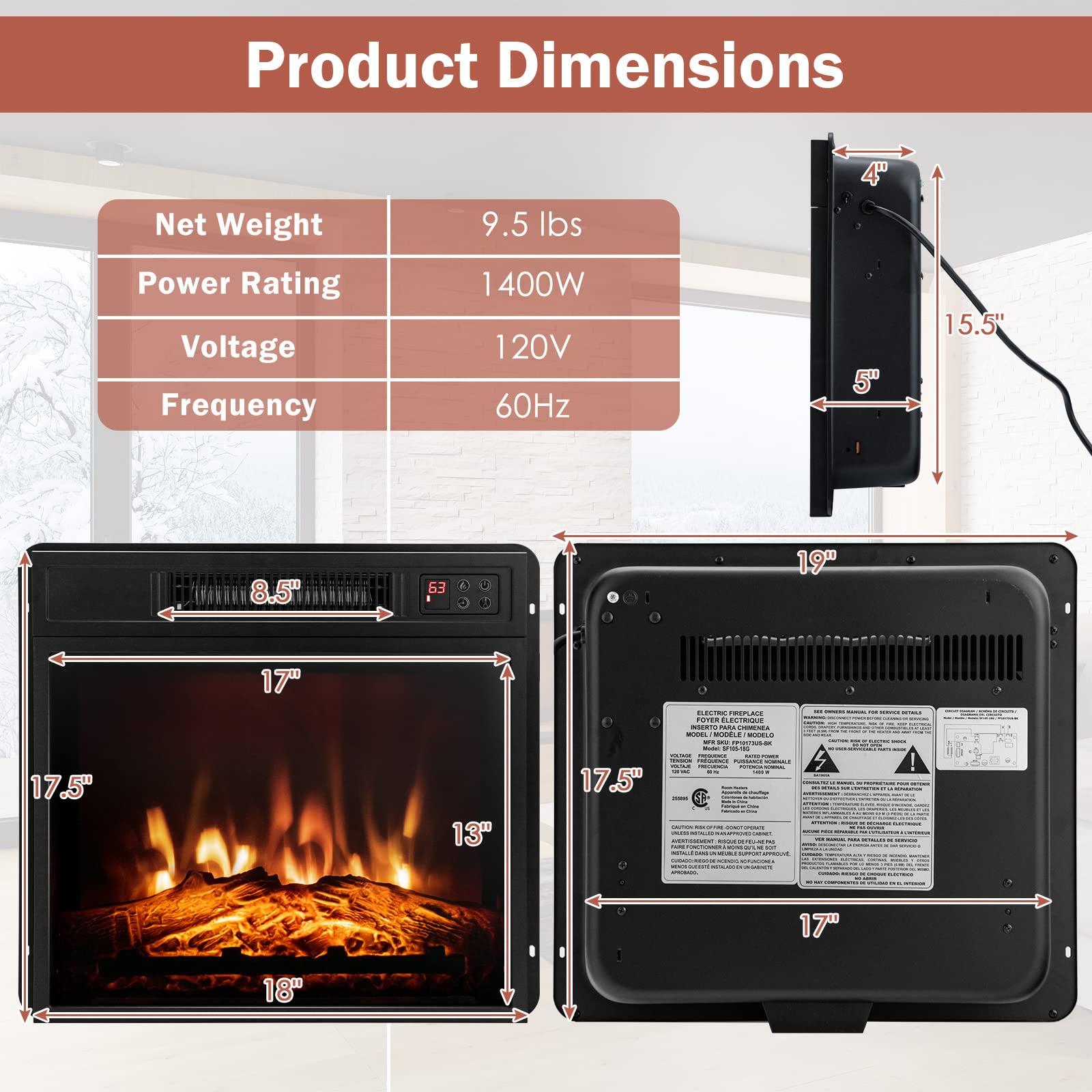 COSTWAY 18-inch Electric Fireplace Insert - 1400W Recessed Fireplace Heater with Remote Control, 3 LED Flame Effects & 6H Timer - Indoor Wall Mount or Freestanding Fireplace for Bedroom, Living Room, Home Office - Black (Perfect for Winter Heating & Cozy Ambiance)