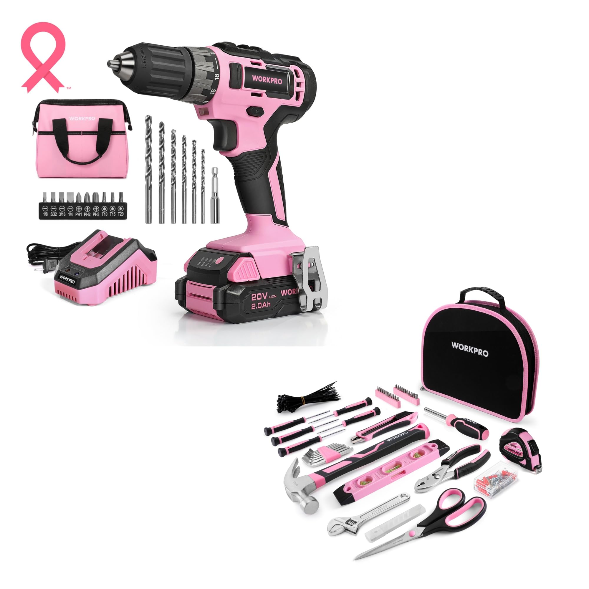 WORKPRO 20V Pink Cordless Drill Driver Set with 236-Piece Pink Tool Kit & Carrying Pouch - Perfect for DIY Home Projects, Woodworking, and Light Construction Tasks
