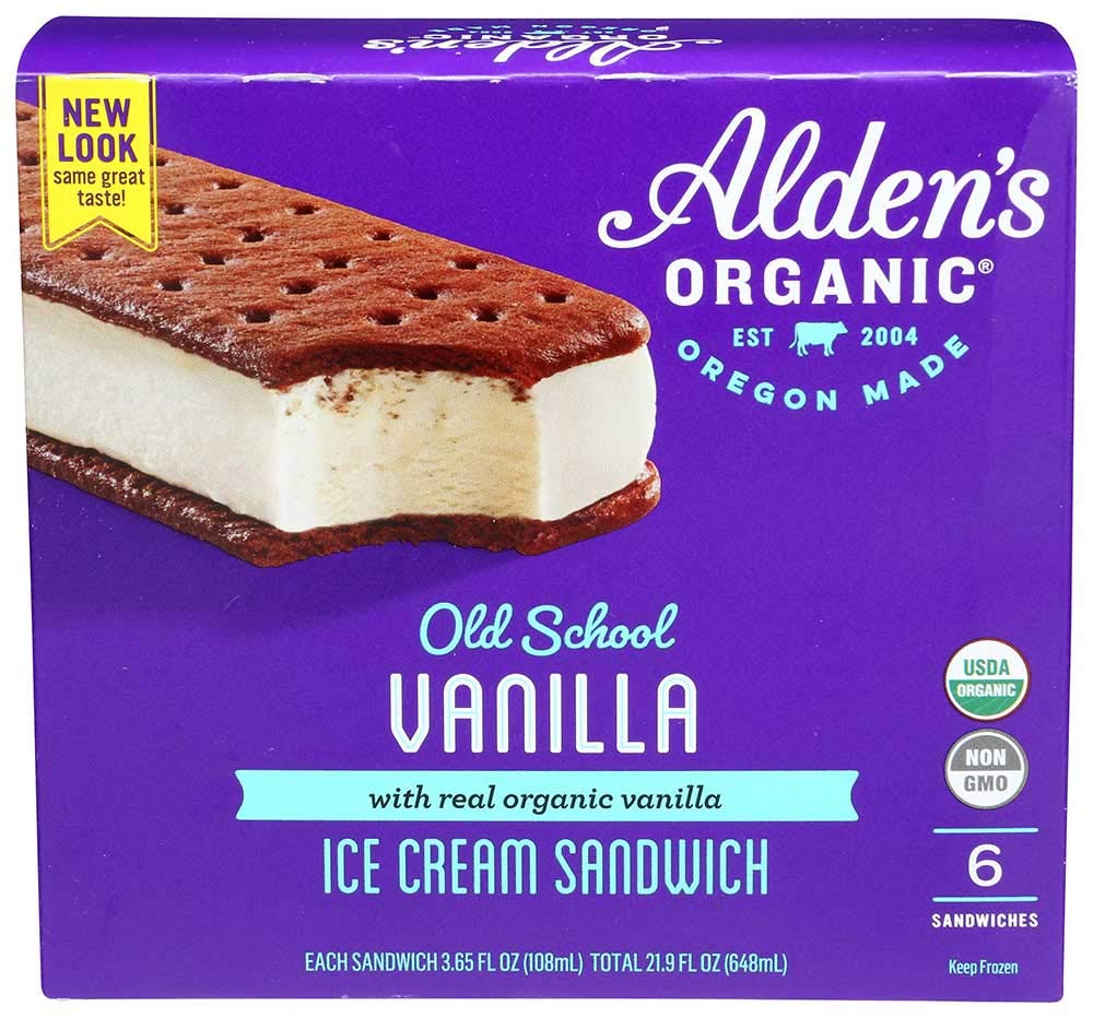 Aldens Organic Old School Vanilla Ice Cream Sandwich - 3.65oz (6 Count) - Bulk 12 Pack Case - Perfect for Parties, School Lunches & Summer Treats