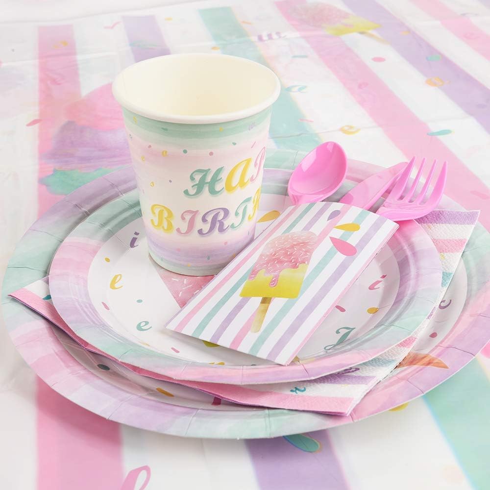 130PCS Ice Cream Party Supplies Set - Disposable Tableware for Kids Birthday, Baby Shower & Summer Parties (Includes Tablecloth, Plates, Cups, Napkins, Cutlery & Bags) - Serves 16 Guests - Perfect for Outdoor Picnics & Birthday Celebrations