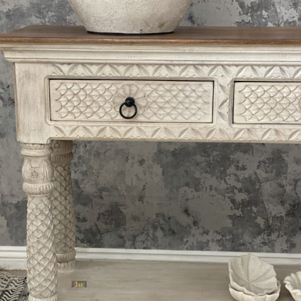 French Provincial Style White Wooden Pillar Console Table - Elegant Entryway & Hallway Decor for Home & Office