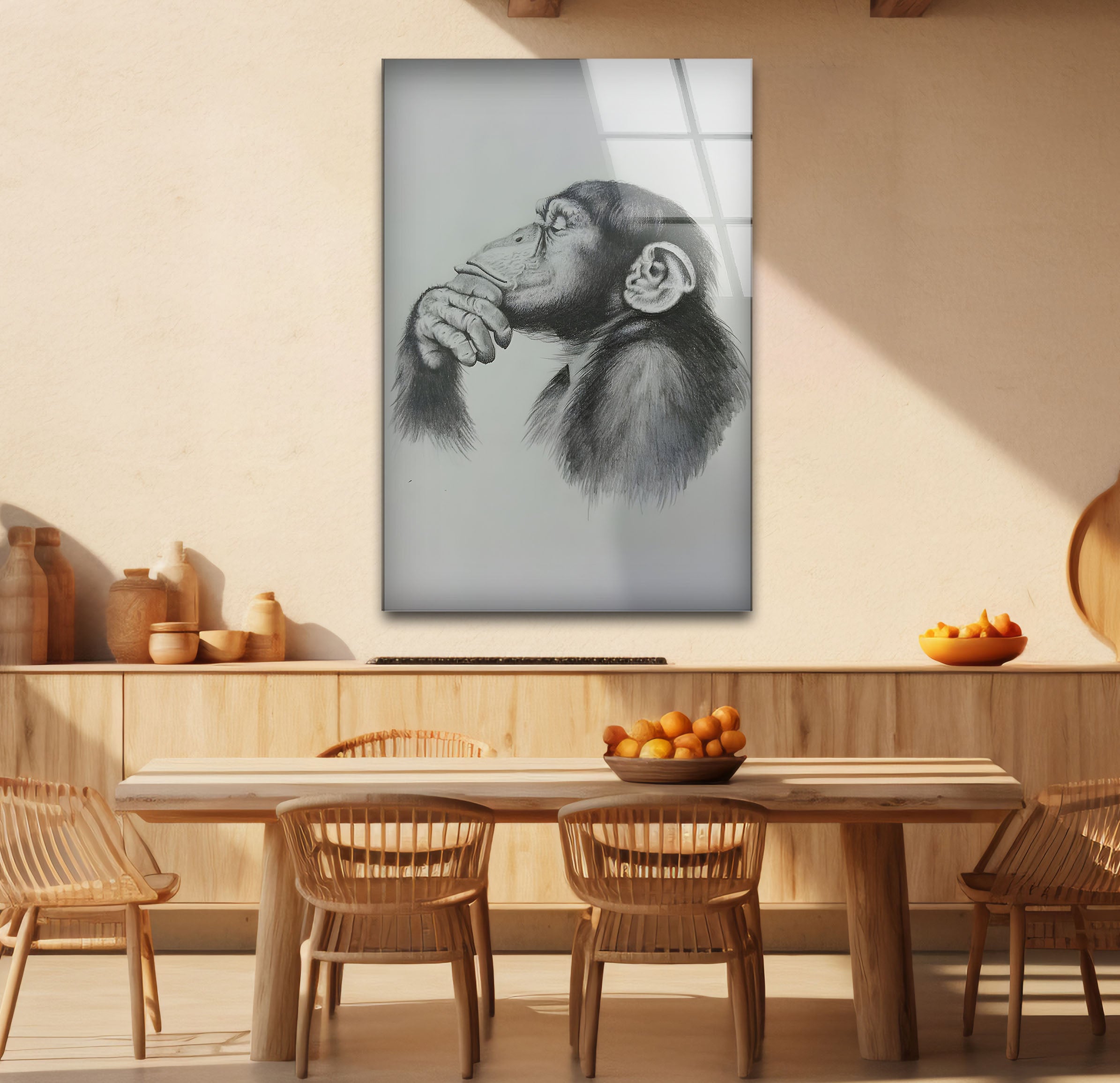 Black and White Monkey Drawing Glass Wall Art - Elegant Home Decor for Living Room, Bedroom, or Office