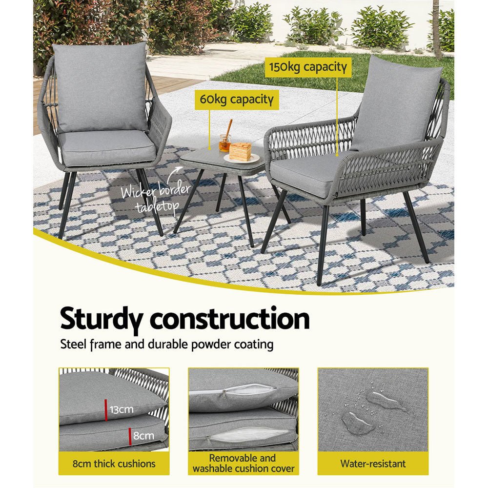 3-Piece Outdoor Bistro Set - Patio Dining Chairs & Table in Grey - Perfect for Garden, Balcony, and Backyard Relaxation
