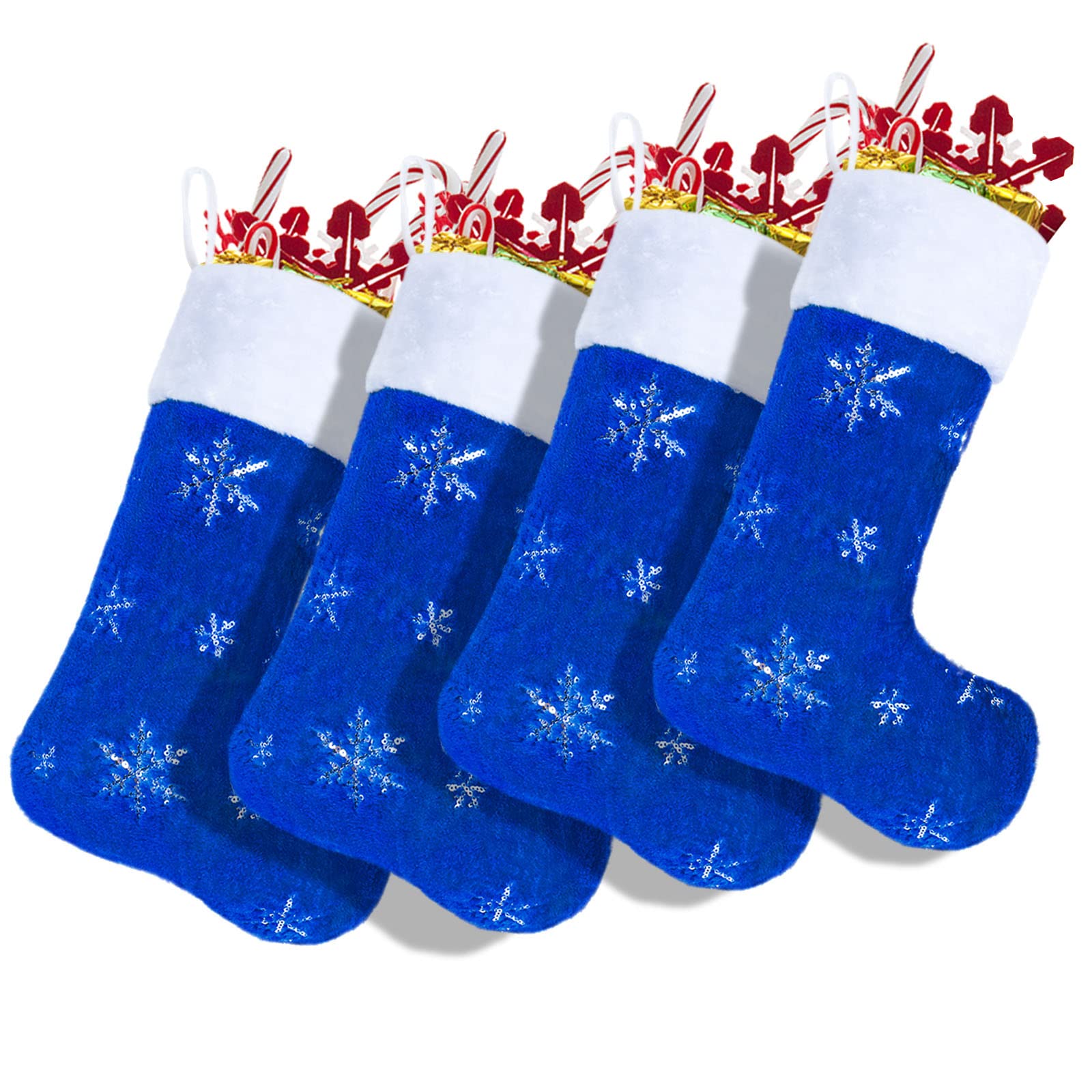 22 Inch Blue Faux Fur Christmas Stockings Set of 4 - Large Plush Holiday Stockings with Silver Sequin Snowflake Design for Fireplace, Xmas Tree, Mantel & Home Decor (56cm) - Perfect for Family Gift Exchange & Festive Holiday Decorations