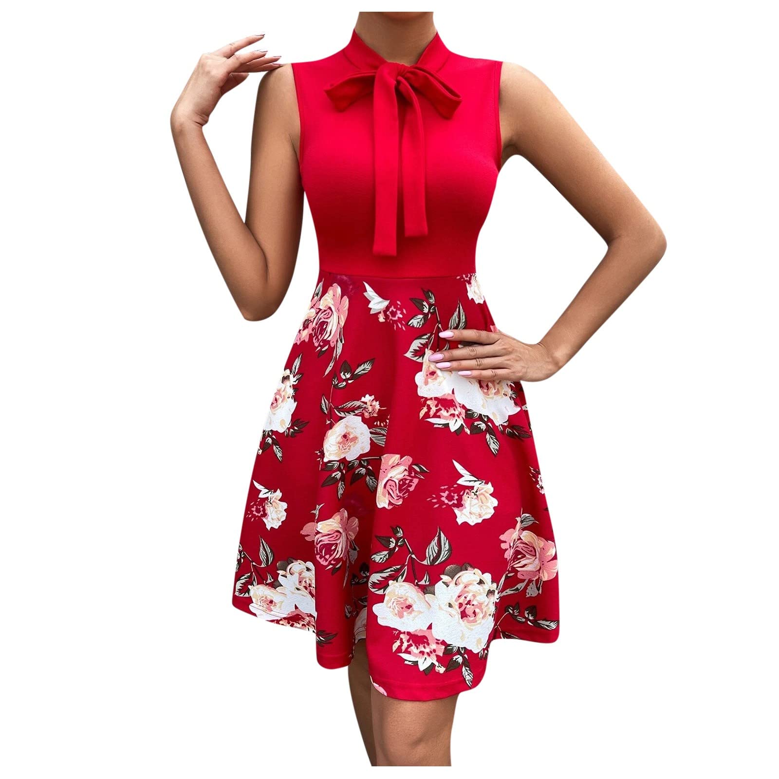 Women's Floral Patchwork Sleeveless Business Dress - High Waist A-Line Mini Dress with Bow Tie Collar for Office, Summer Parties & Special Occasions