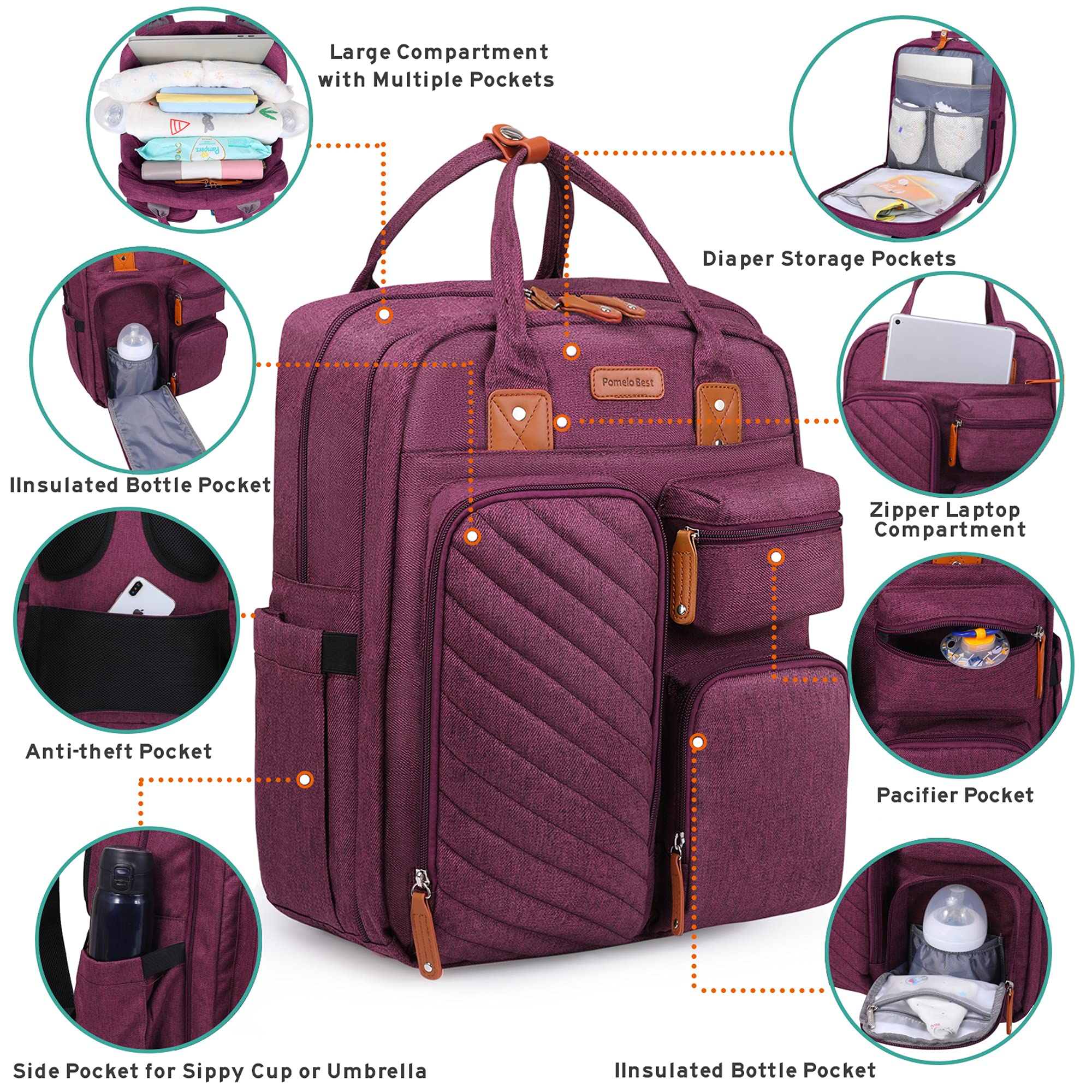 Large Waterproof Diaper Backpack with Built-in Changing Pad & Stroller Straps - Multi-Pocket Baby Bag for Travel & Daily Use (Wine Red) | Perfect for Moms, Dads & Caregivers on the Go