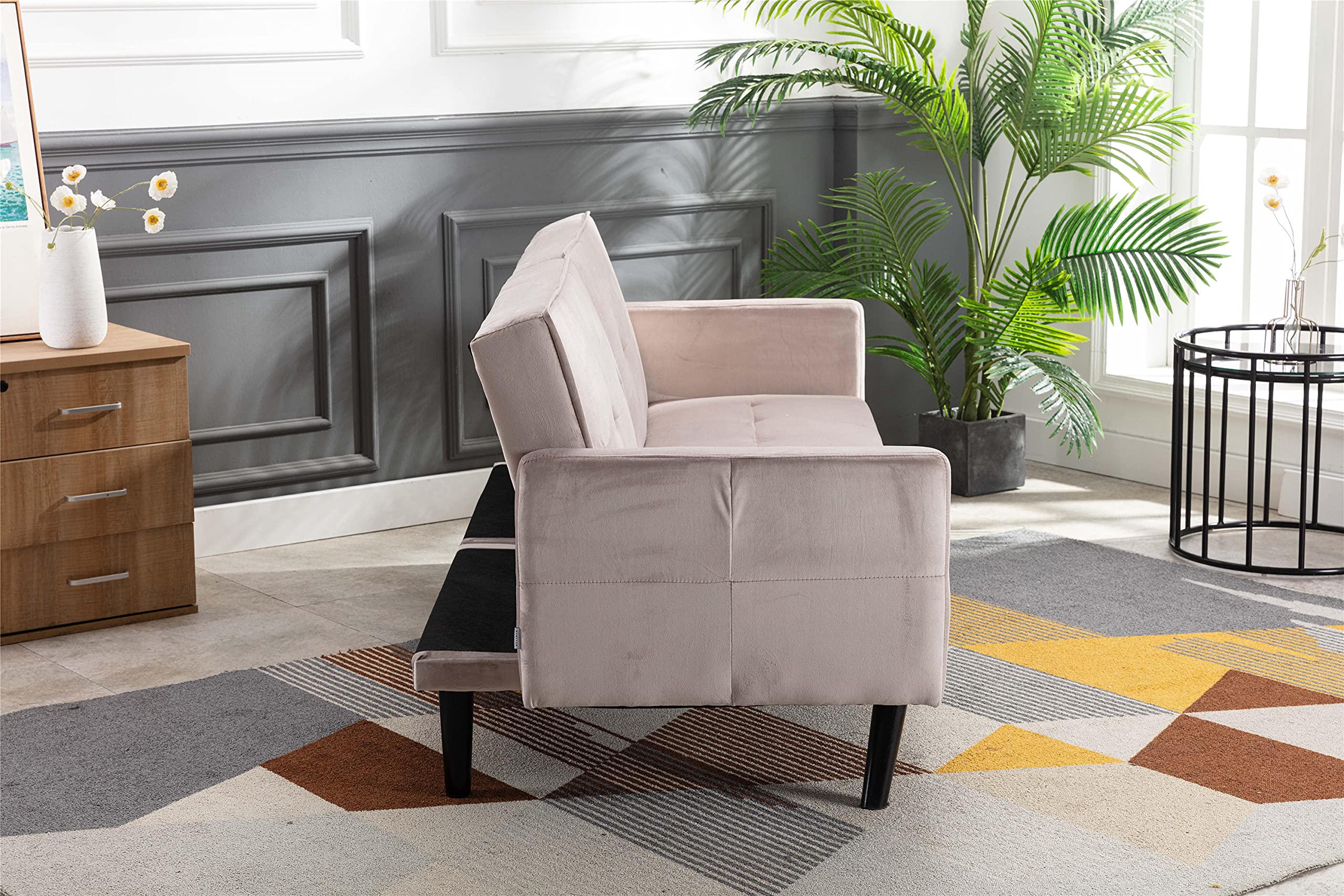Velvet Convertible Sofa Bed with Adjustable Backrest & 6 Wooden Legs - Modern Folding Sleeper Loveseat for Living Room, Bedroom & Guest Room - Perfect for Small Spaces, Studio Apartments & Overnight Guests