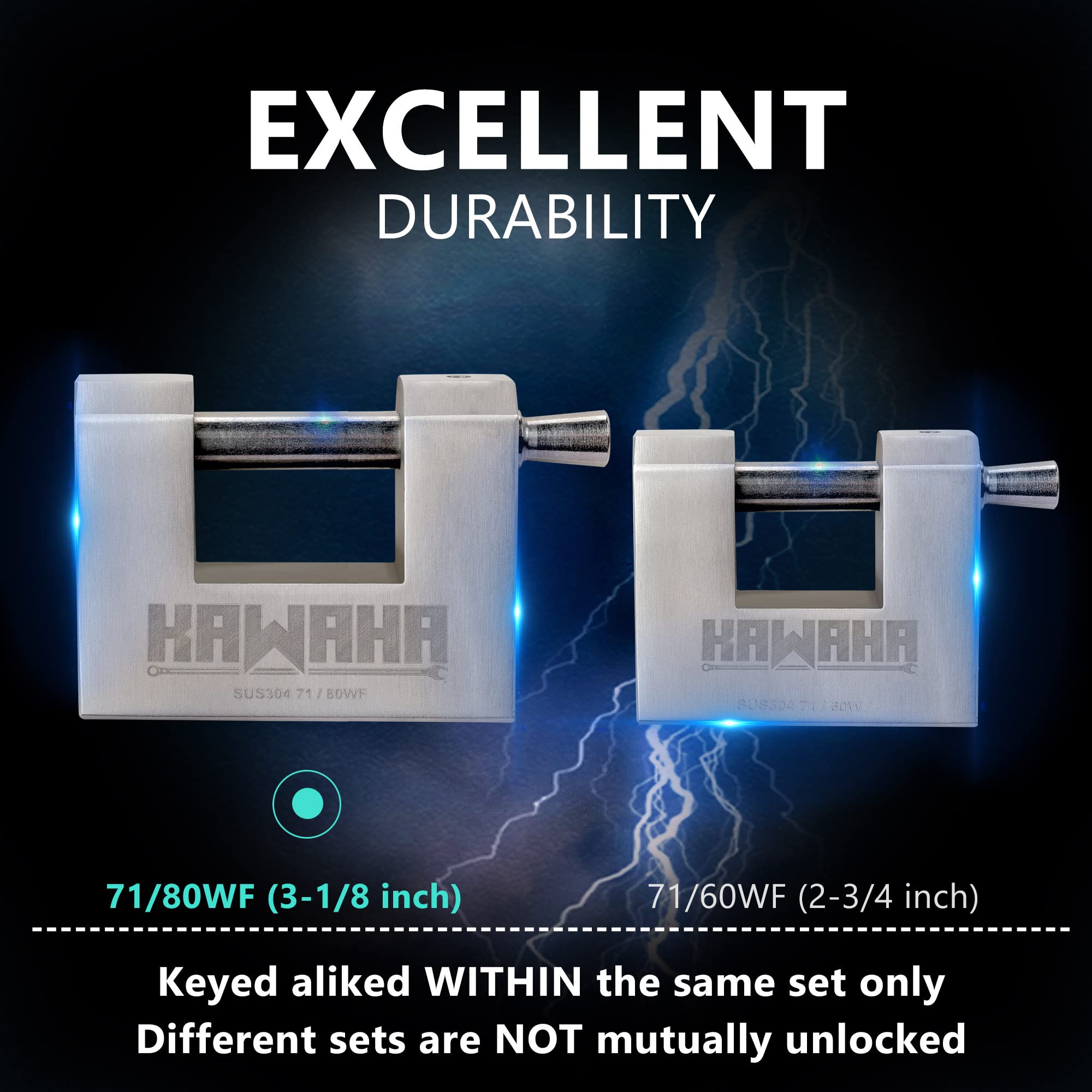 KAWAHA 71/80-4PS Heavy Duty Stainless Steel D-Shaped Padlock with 2 Keys - Secure Garage Doors, Storage Containers, Sheds, Lockers & Warehouses (3-1/8 Inch, 4-Pack Keyed Alike) - Ideal for Outdoor Use, Industrial Security & Weatherproof Protection