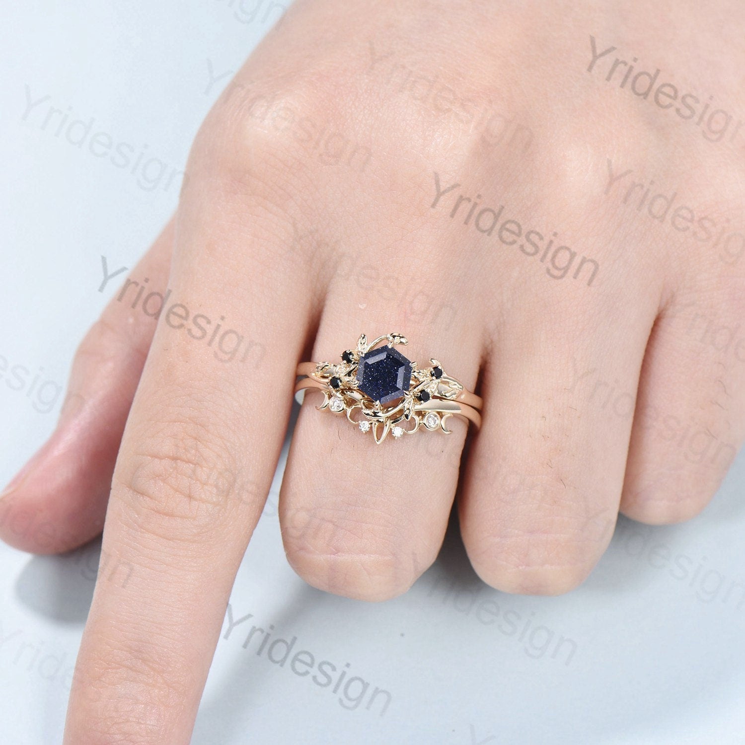 Hexagon Cut Blue Sandstone Wedding Ring Set - Nature Inspired Leaf Galaxy Engagement Ring for Women with Black Spinel Crystal - Unique Bridal Jewelry for Weddings, Proposals & Anniversary Gifts