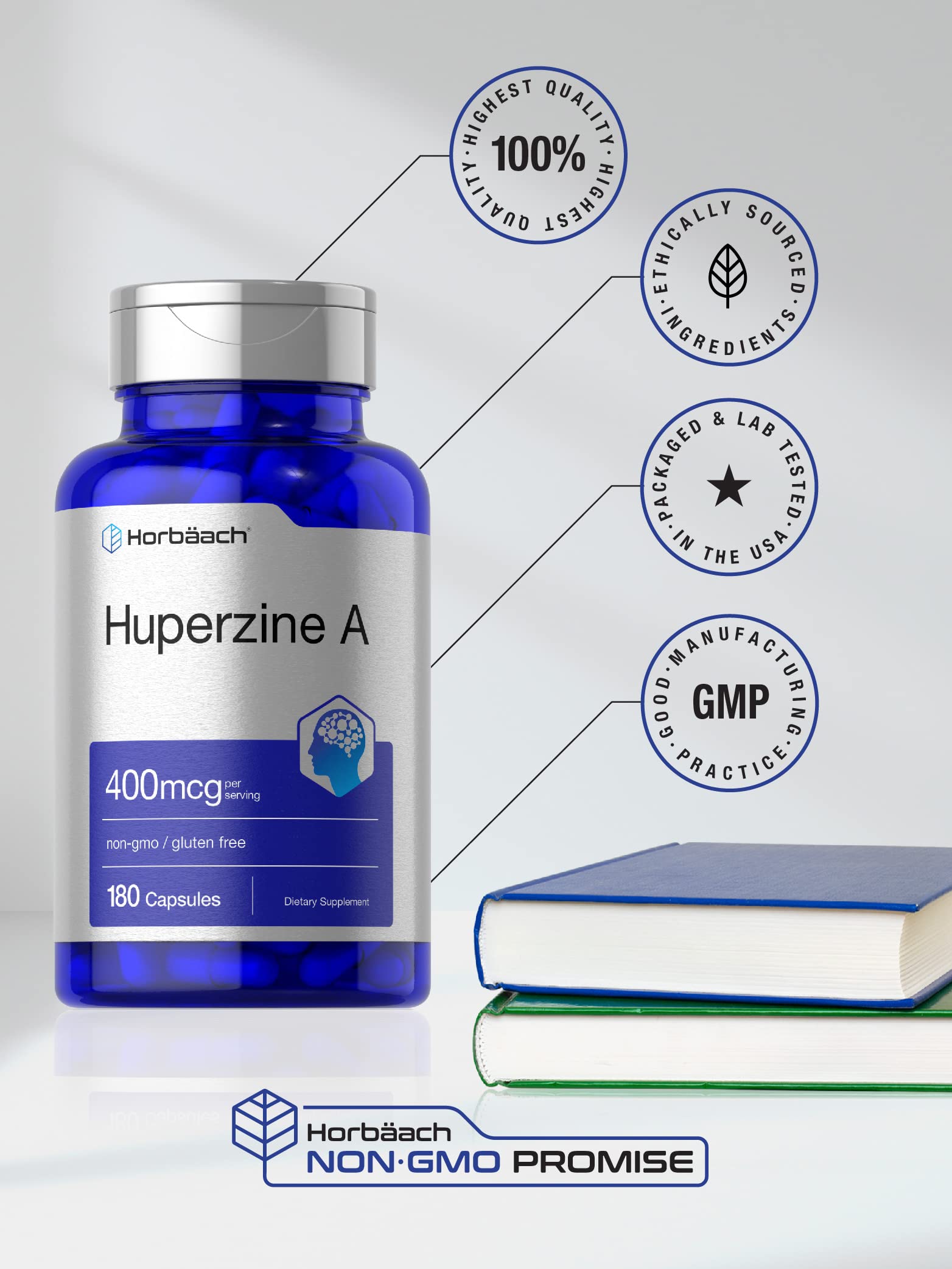 Horbäach Huperzine A 400mcg | 180 Capsules | Brain Health Supplement | Non-GMO, Gluten Free, Vegan | Supports Memory & Focus | Perfect for Students & Professionals