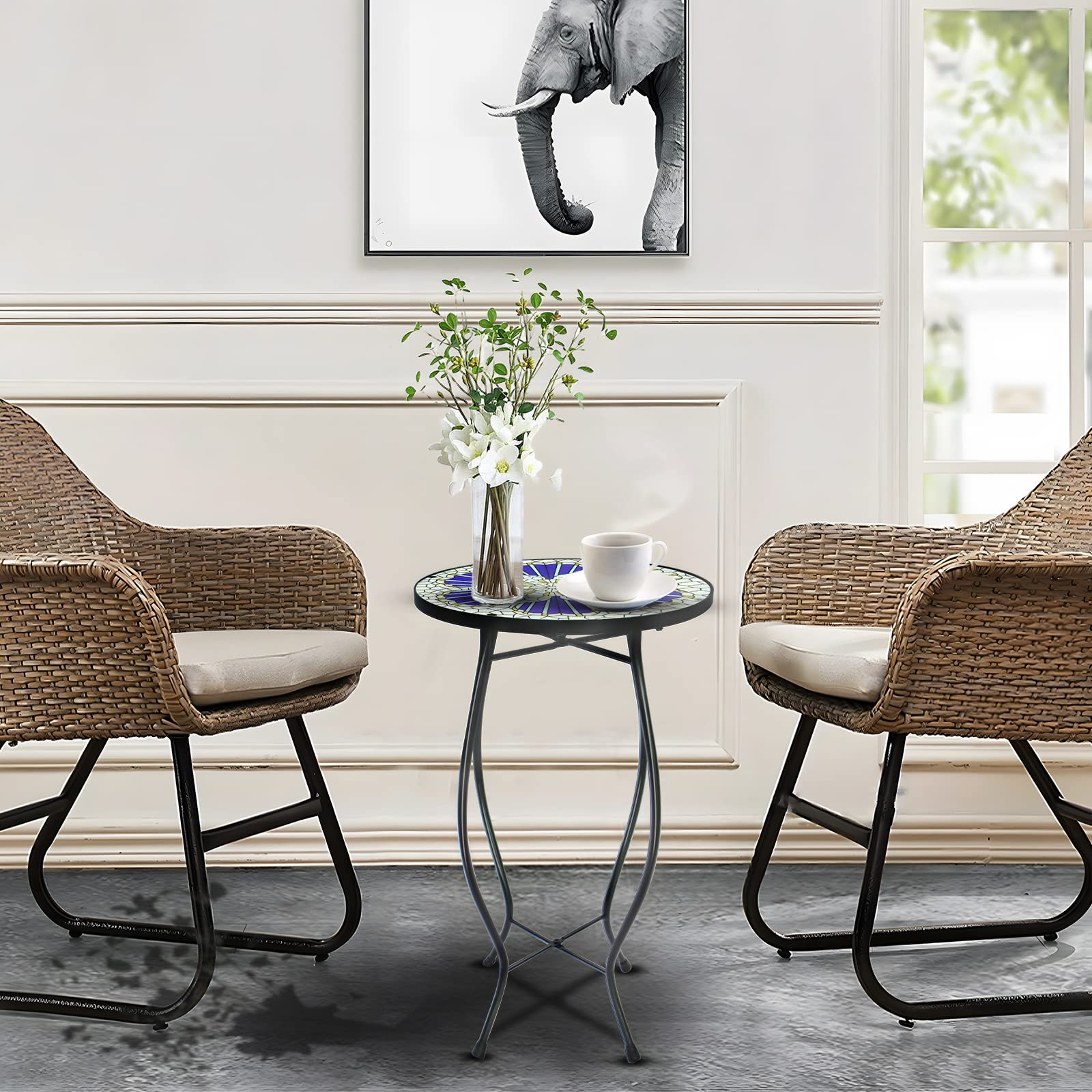 14 Inch Blue Morning Glory Glass Mosaic Outdoor Side Table - Round Patio Coffee Table for Living Room, Balcony, Garden | Perfect for Tea Time, Reading Nook & Small Space Decor