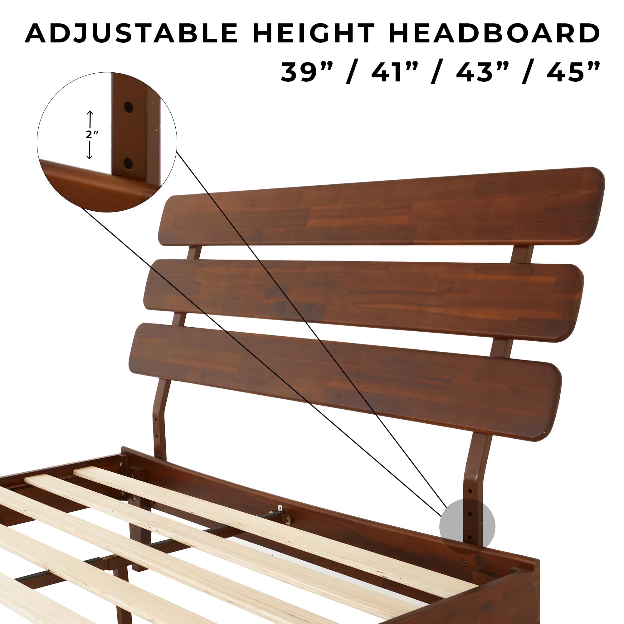 Bme Caden 15 Inch Deluxe Bed Frame with Adjustable Headboard - Mid Century Modern Retro Style Acacia Wood Platform Bed - No Box Spring Needed - 12 Strong Wood Slat Support - Easy Assembly - Dark Chocolate Finish - Full Size Bed for Master Bedroom, Guest Room & Apartment