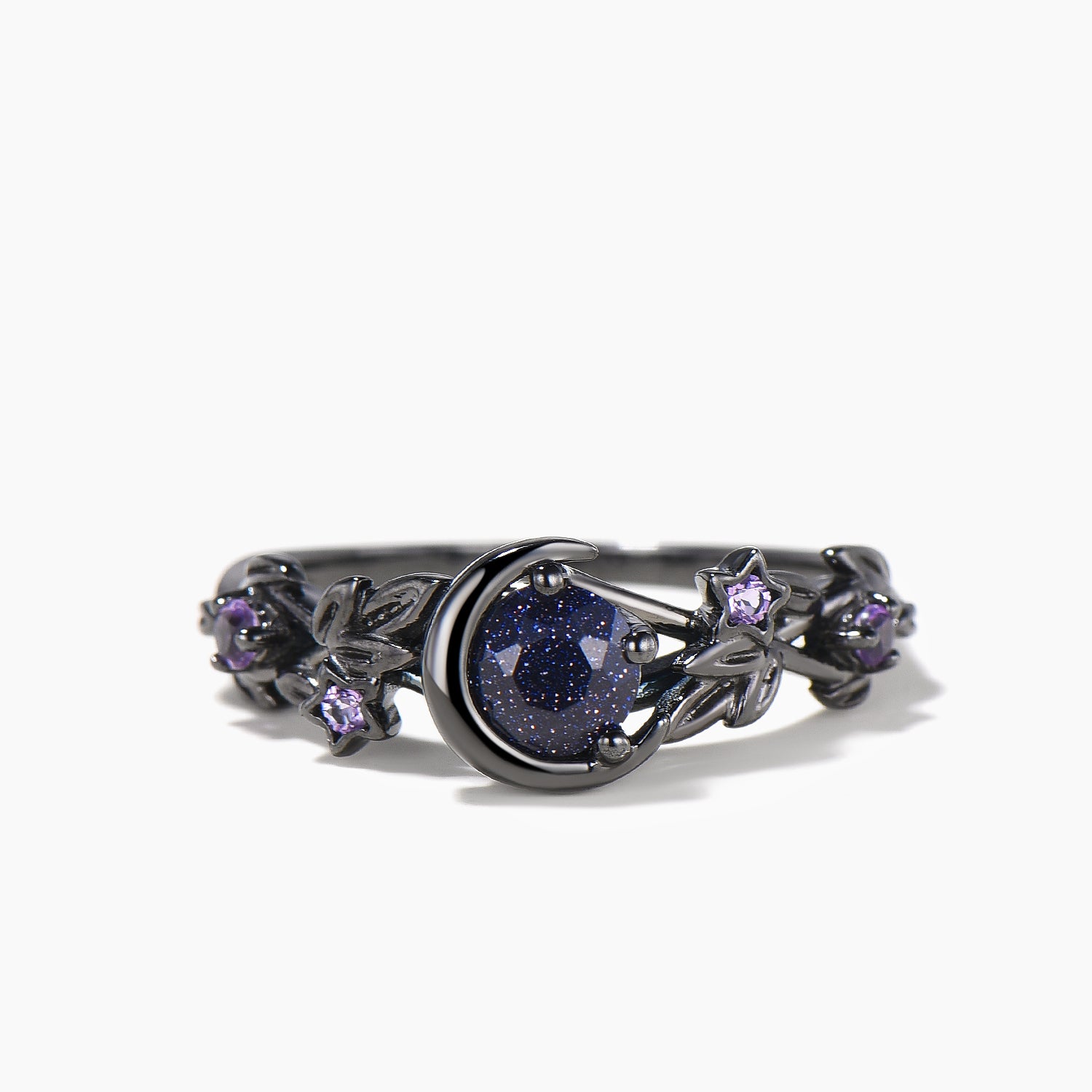 Round Blue Sandstone Moon Wedding Ring Set with Amethyst & Black Gold Leaf - Elegant Bridal Jewelry for Engagement, Anniversary & Romantic Occasions