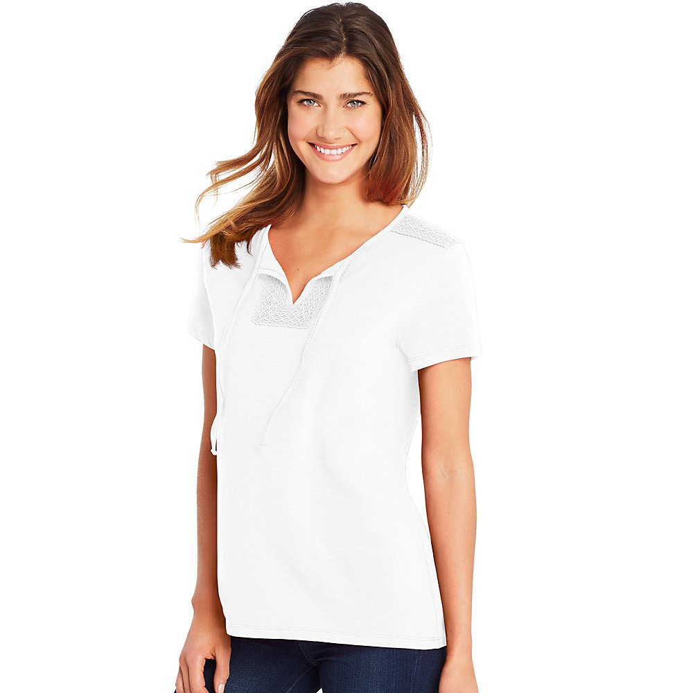Hanes Women's Short Sleeve Henley T-Shirt with Crochet Trim - Comfortable Casual Top for Everyday Wear, Summer Outfits, and Layering
