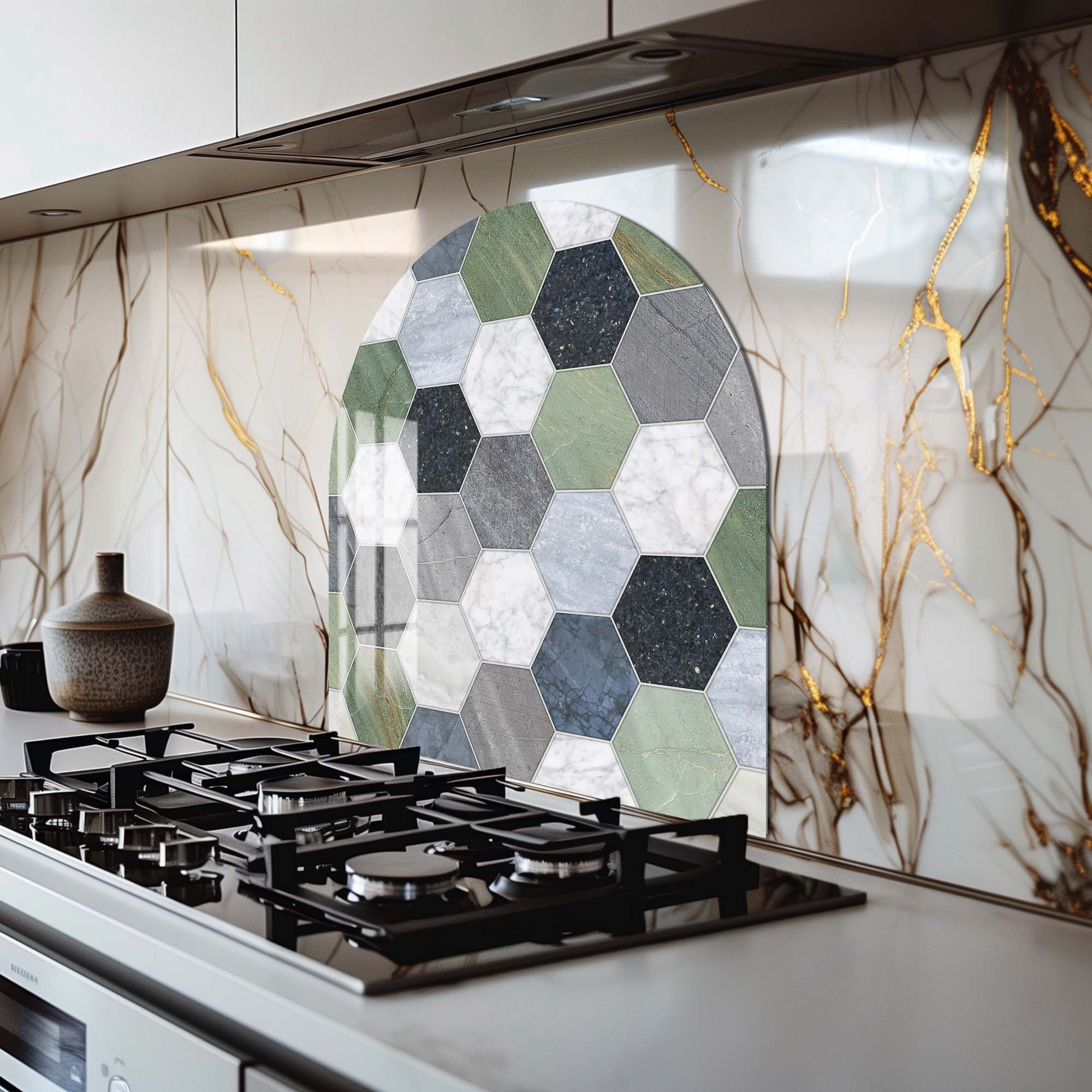Hexagon Green Glass Splashback - Modern Kitchen Backsplash for Stove & Countertop Protection