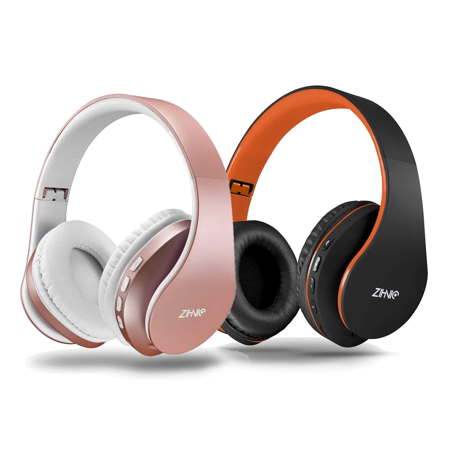 ZIHNIC 2-Pack Wireless Headphones Bundle - Rose Gold Over-Ear & Black Orange Foldable Bluetooth Headsets for Travel, Work, and Gym Use