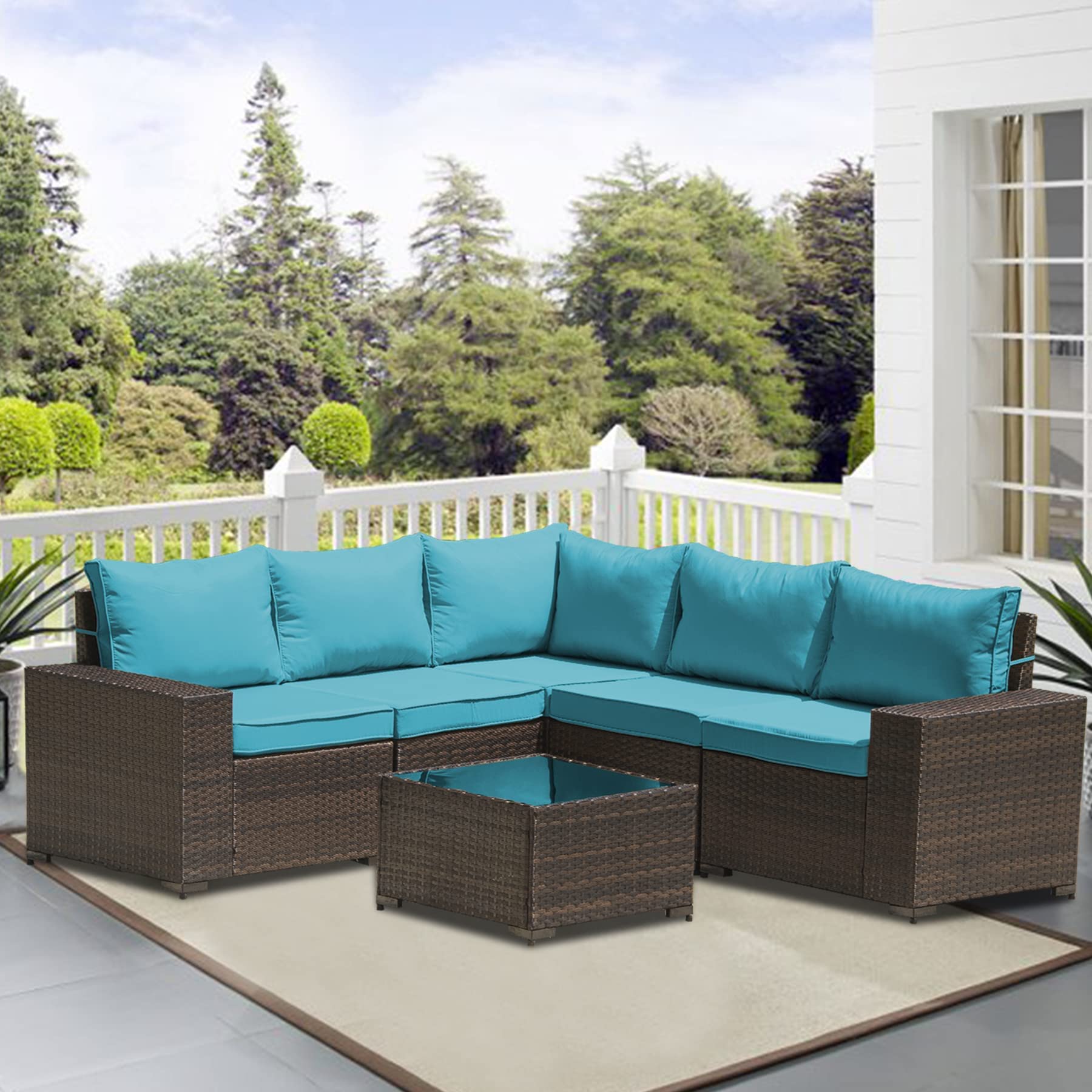 6-Piece Outdoor Patio Furniture Set - All-Weather PE Rattan Sectional Sofa with High Backrest, Coffee Table & Teal Cushions | Perfect for Backyard, Garden, Poolside & Patio Relaxation