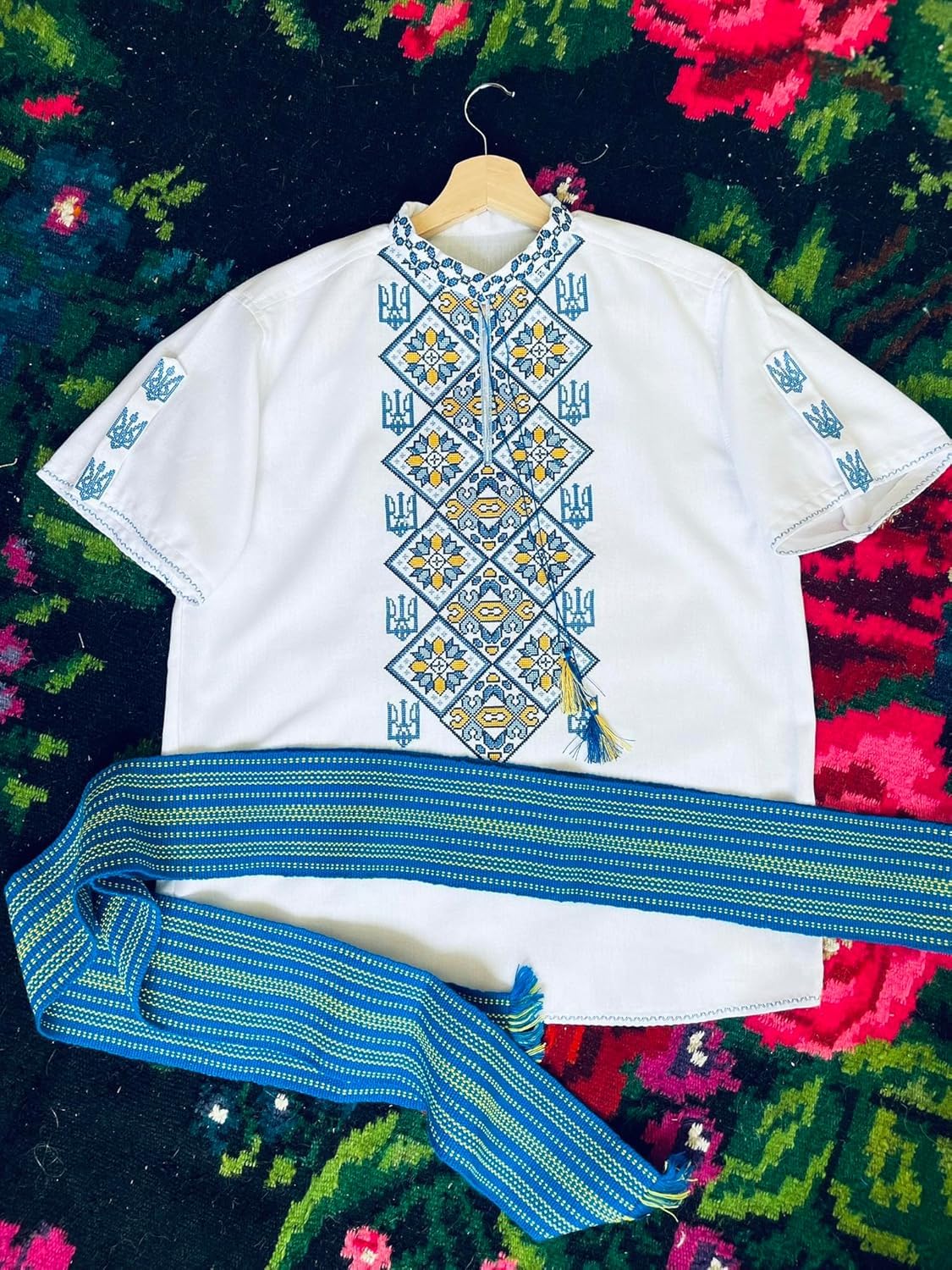Authentic Ukrainian Vyshyvanka Embroidered Shirt for Men & Women - Yellow & Blue Trident Design, Gender Neutral Traditional Top, Family Matching Outfits, Short Sleeve Cultural Shirt (Sizes XXS-7XL) - Perfect for Folk Festivals, Cultural Events & Ethnic Fashion