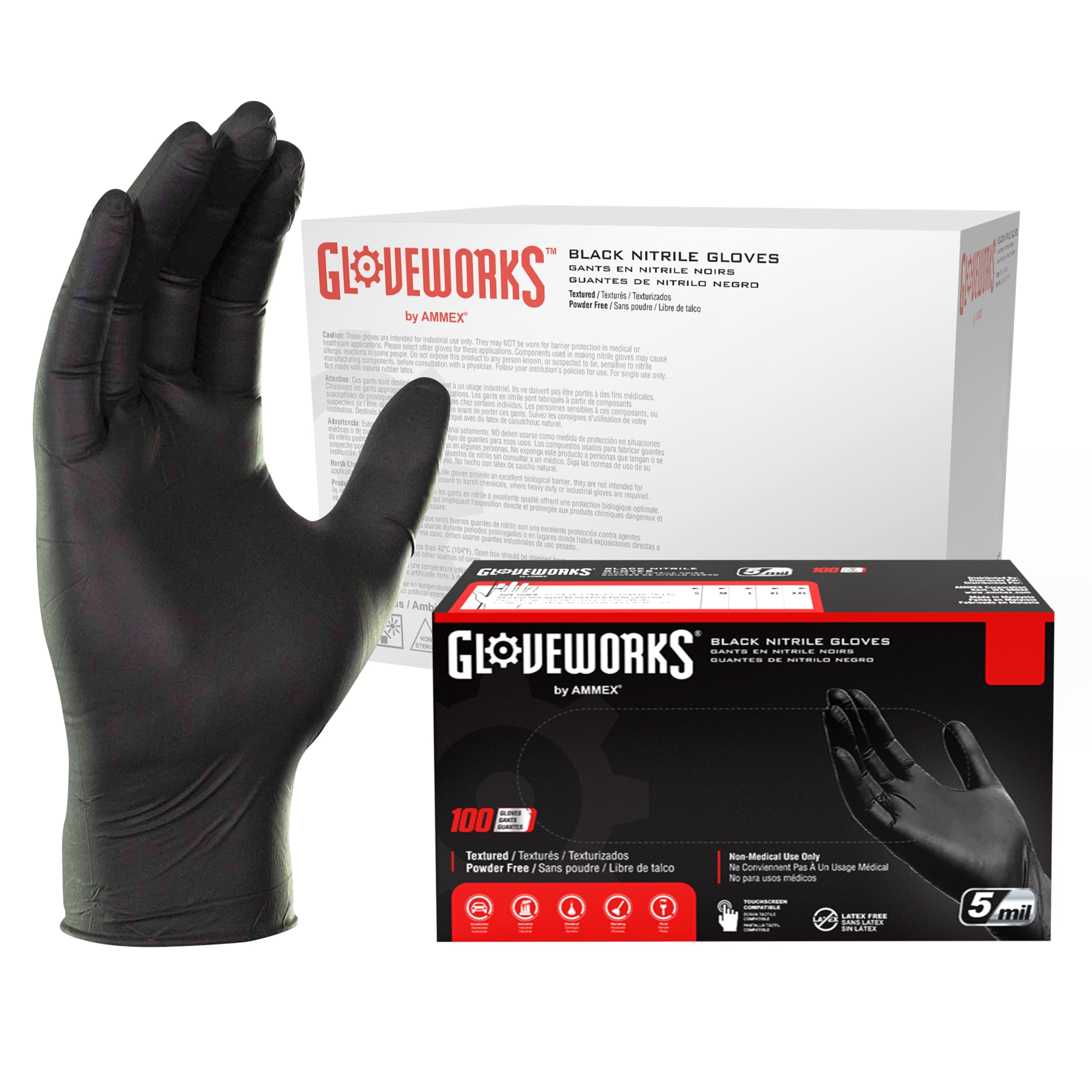 GLOVEWORKS Black Disposable Nitrile Industrial Gloves - 5 Mil Thick, Latex-Free & Powder-Free, Food Safe, Textured Grip - Ideal for Food Handling, Medical Use, Cleaning & DIY Projects