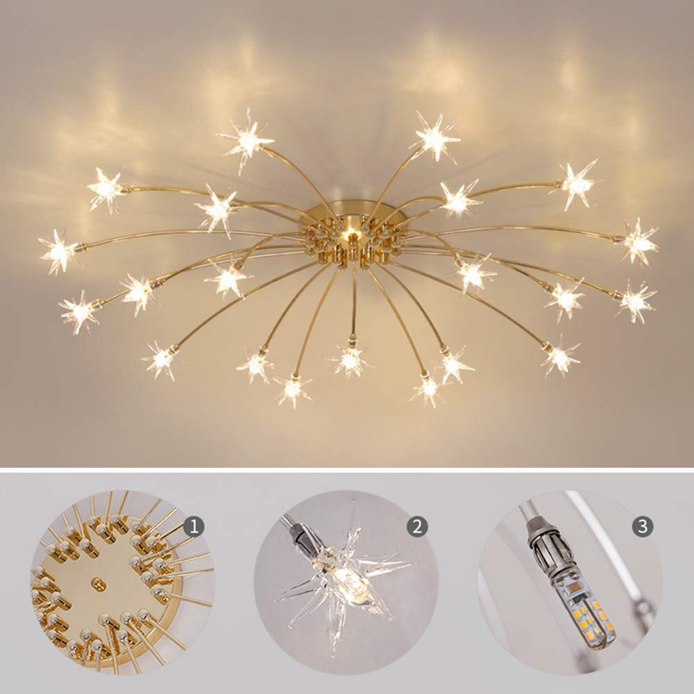 Gold Glass Chandelier Ceiling Light - LED Flush Mount Starry Pendant Lamp with Gypsophila Design for Living Room, Bedroom, Dining Room & Hallway - Elegant Lighting Fixture for Home Decor, Kitchen & Foyer