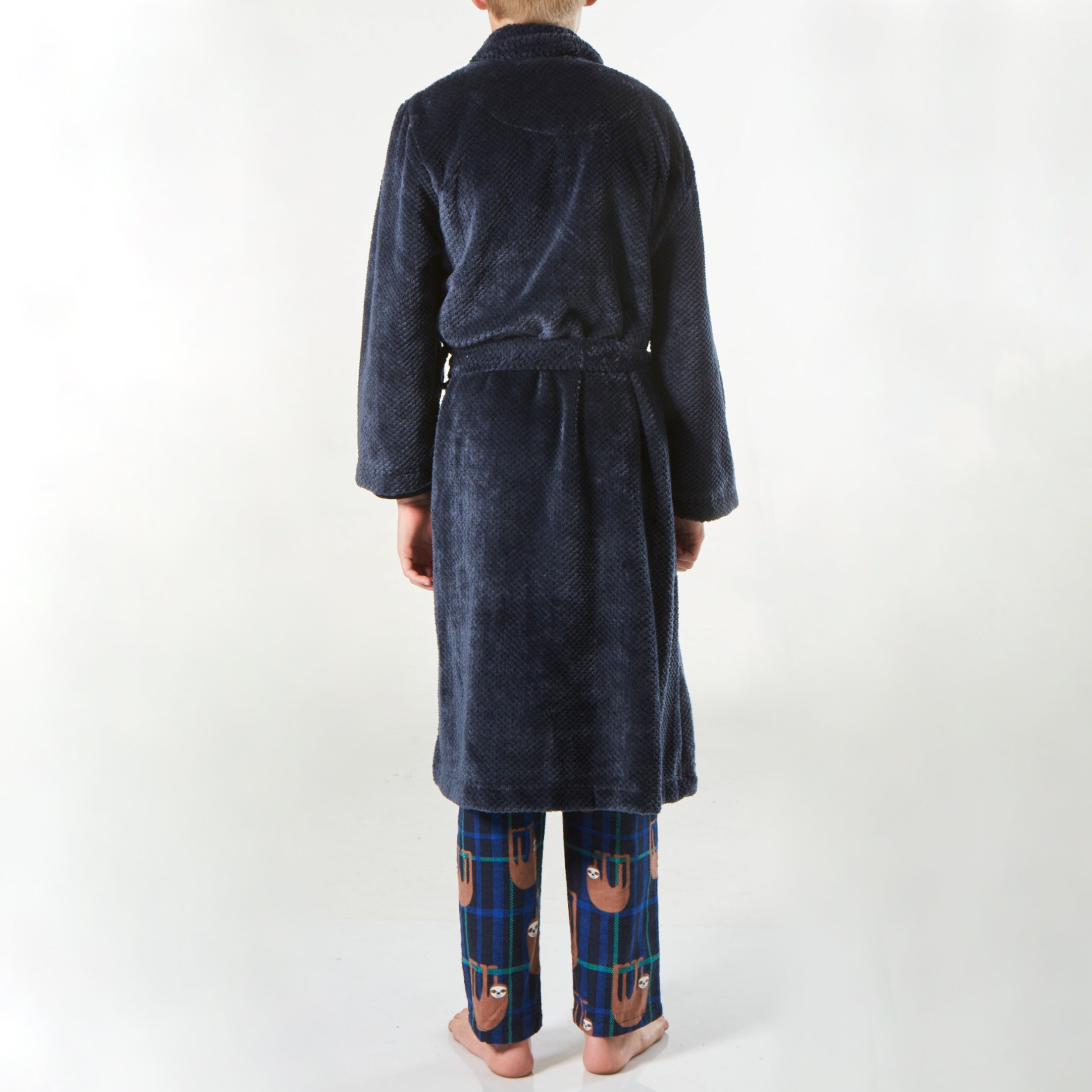 Boys Waffle Texture Coral Fleece Robe - Navy Blue Soft Warm Bathrobe for Kids - Perfect for Winter, Lounging & Spa Days