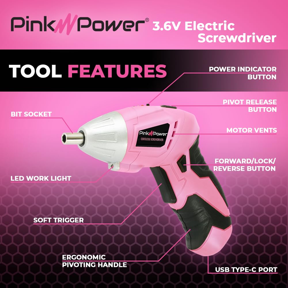 3.6V Pink Rechargeable Cordless Screwdriver Set - Electric Screw Gun Kit with LED Light - Portable Mini Drill for Women - DIY Home Repair, Furniture Assembly & Craft Projects