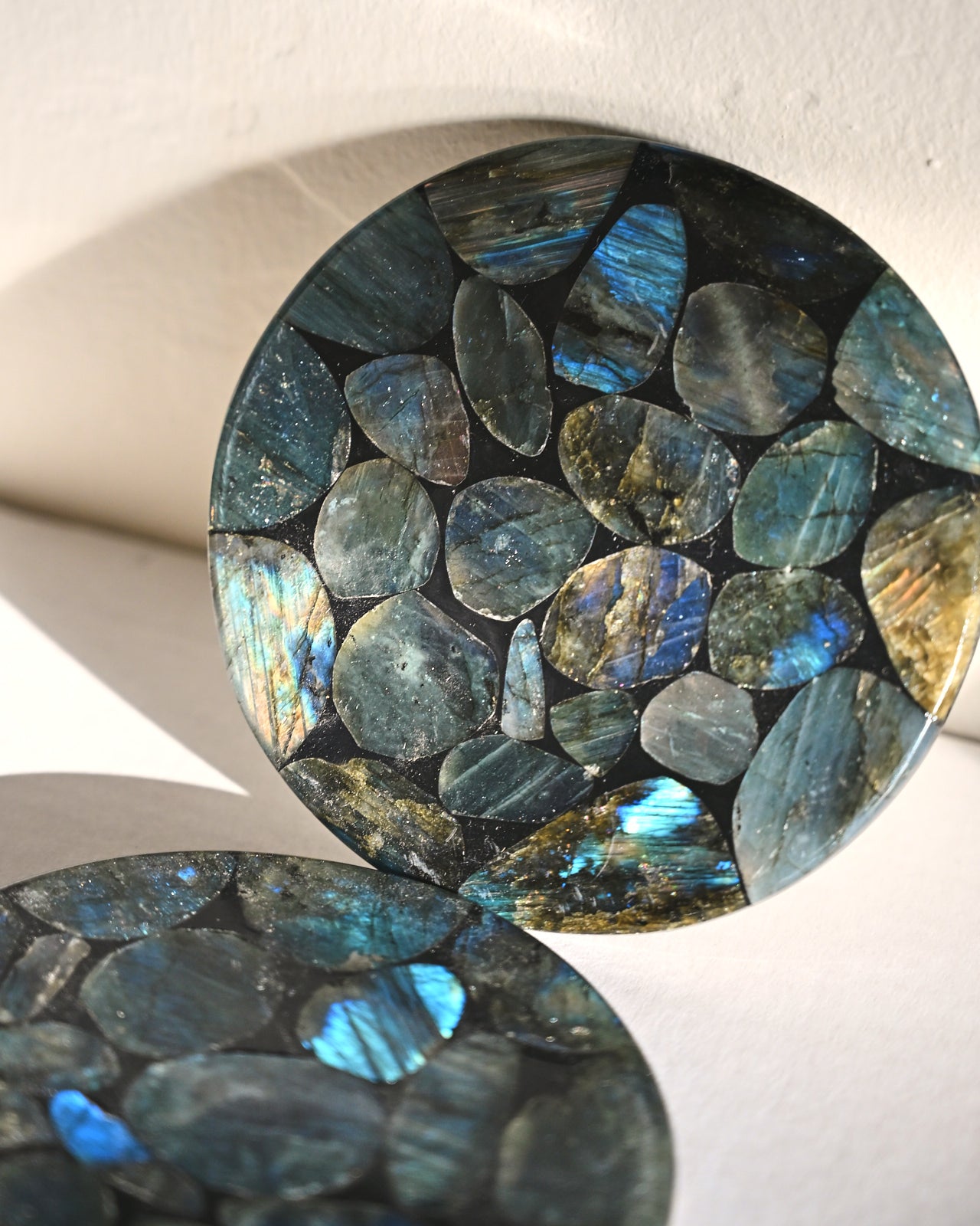 Natural Labradorite Stone Coaster Set - 4-Piece Hexagonal Drink Coasters for Home & Office Decor, Perfect for Protecting Tables from Hot & Cold Beverages