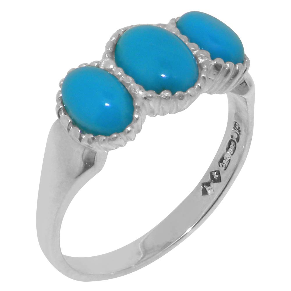 18K White Gold Natural Turquoise Women's Trilogy Ring - Size 4 to 12 - Elegant Jewelry for Weddings, Anniversaries & Special Occasions