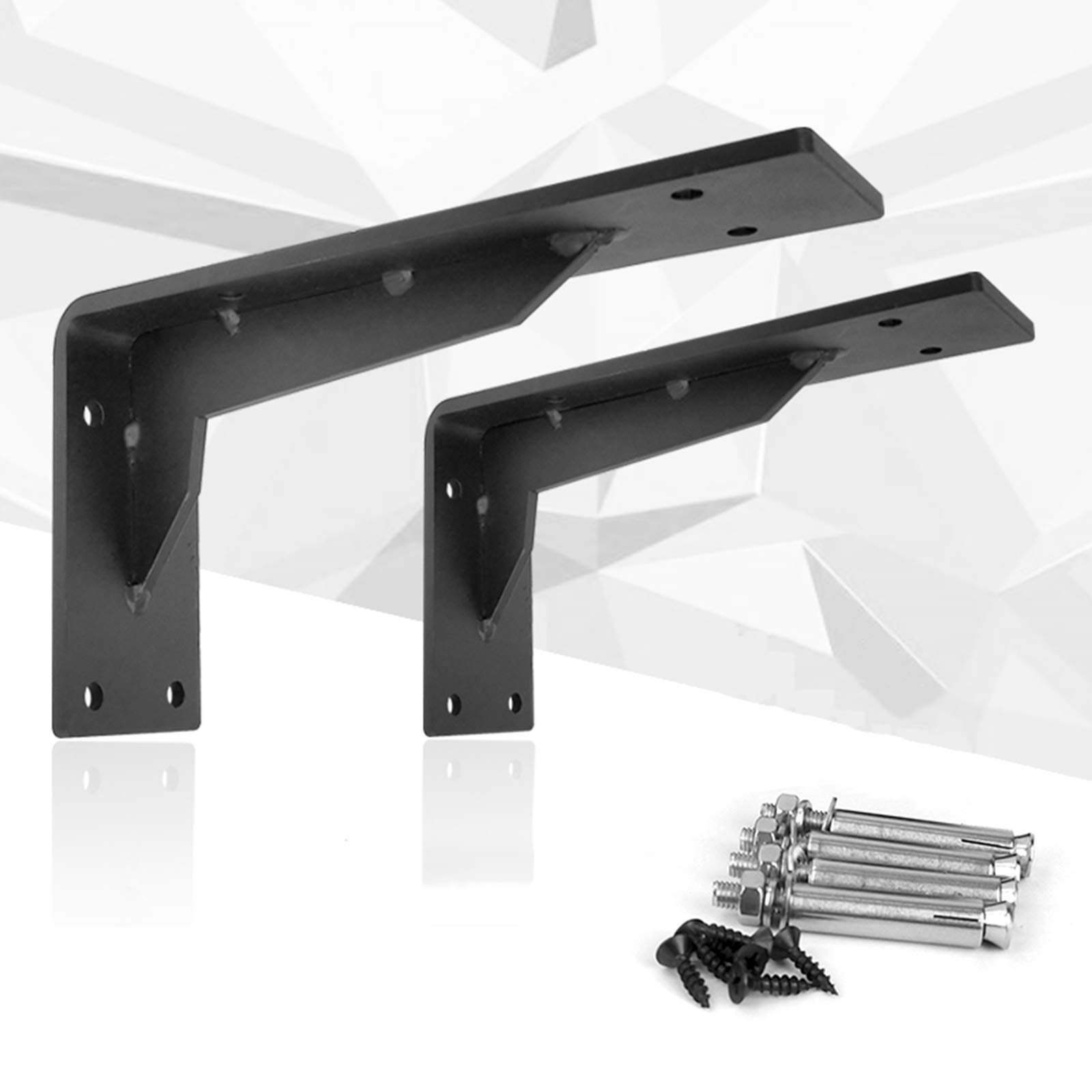 Heavy Duty Black Shelf Brackets - Rustic Iron Finish L-Shaped Corner Braces for Wood Shelves (2 Pack with Hardware) - Perfect for Home Office, Kitchen, and Garage Storage Organization