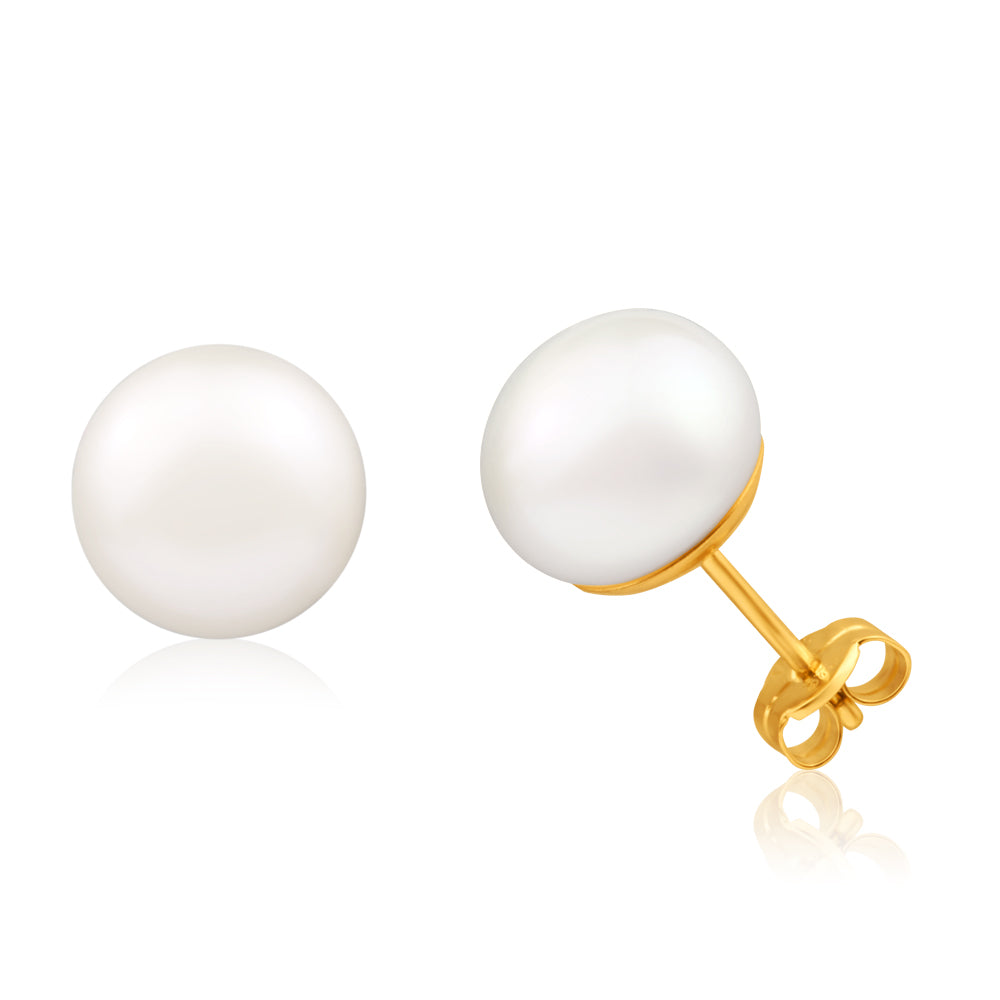 9ct Yellow Gold 9mm White Freshwater Pearl Stud Earrings for Women - Elegant Pearl Jewelry Gift for Wedding, Anniversary & Special Occasions
