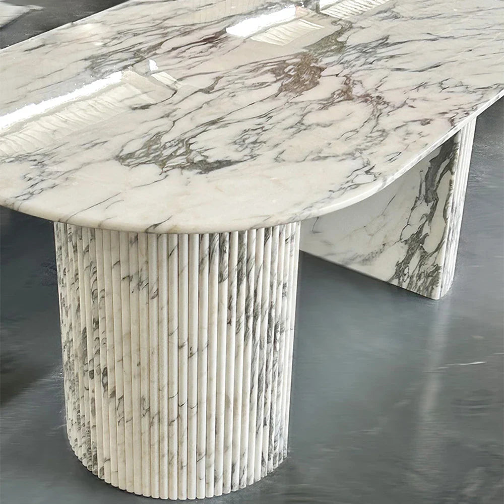 Luxury White Polished Finish Marble Dining Table Set - 6 Piece Modern Kitchen Furniture for Dining Room, Perfect for Family Gatherings & Dinner Parties