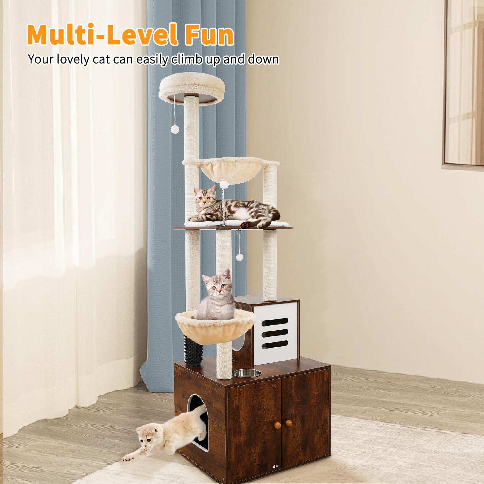 72 Inch Tall Cat Tree with Hidden Litter Box - All-in-One Cat Climbing Tower with Scratching Posts, Perch, Platform & Food Station - Multi-Level Indoor Cat Furniture for Small Spaces - Perfect for Apartments & Homes with Multiple Cats