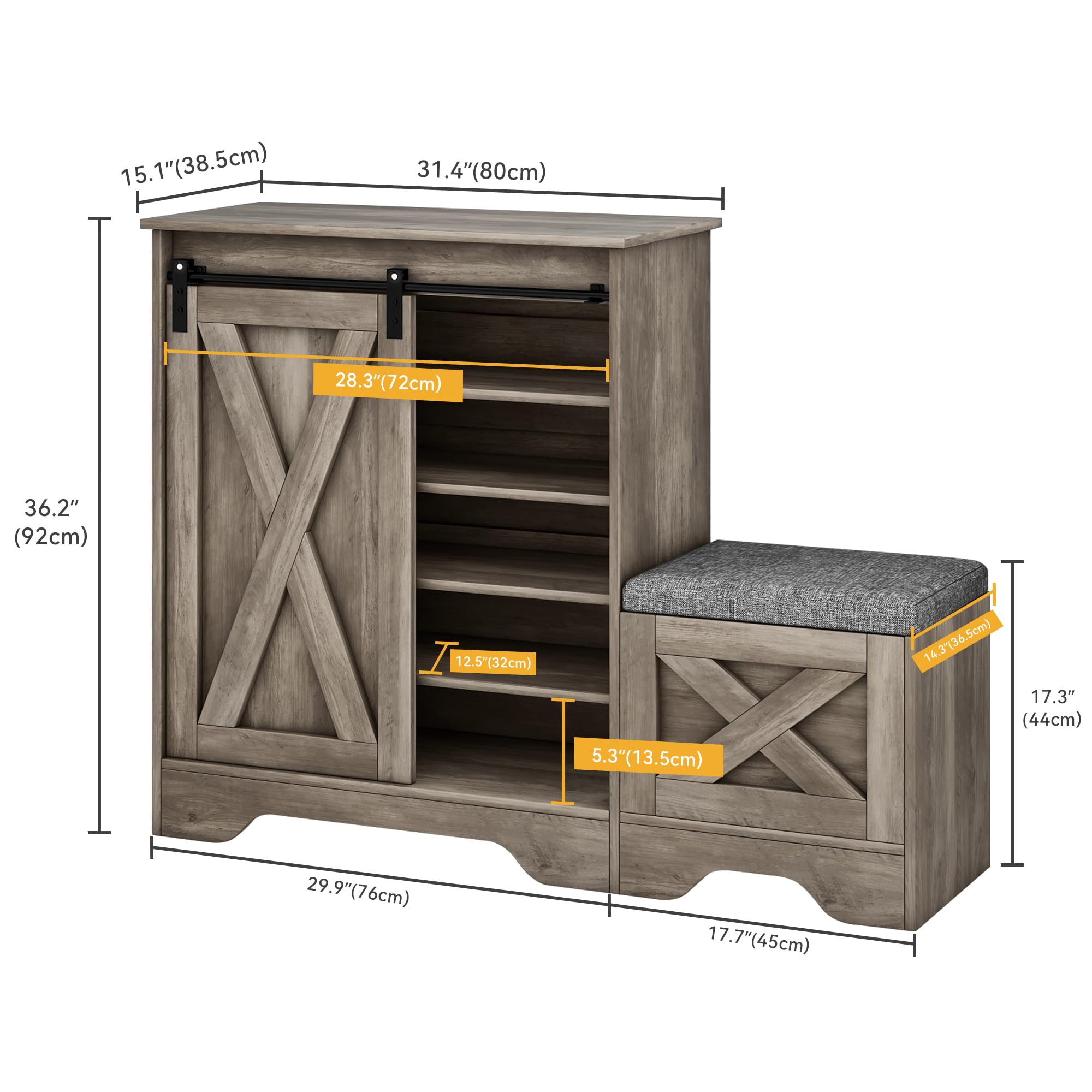 DWVO Farmhouse Shoe Storage Cabinet with Bench - 5-Tier Adjustable Shelf Organizer Holds 20 Pairs of Shoes - Narrow Sliding Door Entryway Shoe Rack for Hallway, Living Room & Bedroom - Perfect for Small Spaces & Home Organization (Washed Grey)