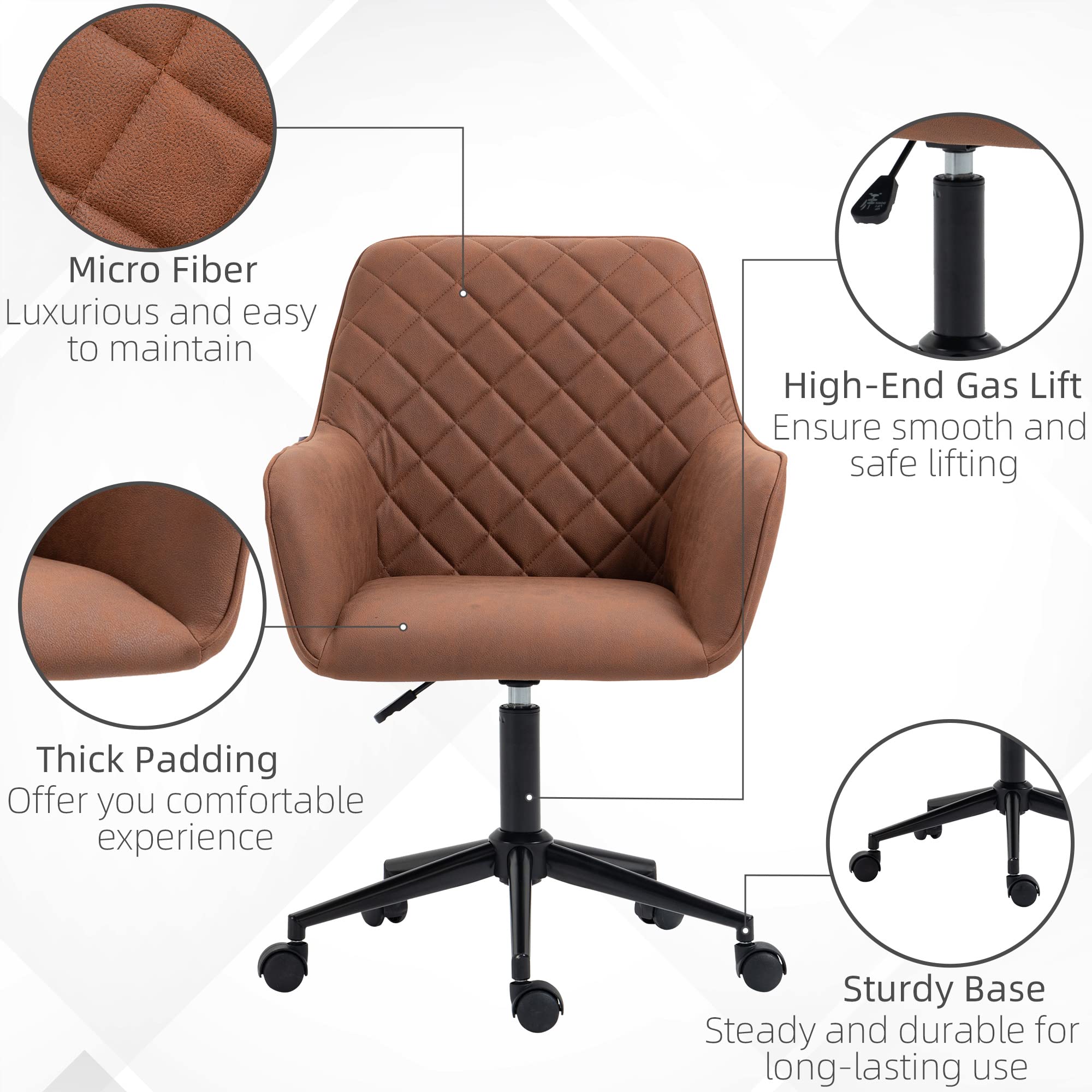 Vinsetto Mid Back Modern Home Office Chair - Adjustable Height Swivel Computer Desk Chair with Microfiber Upholstery, Diamond Stitch Design & Padded Armrests (Brown) - Perfect for Home Office, Gaming & Study Workspaces