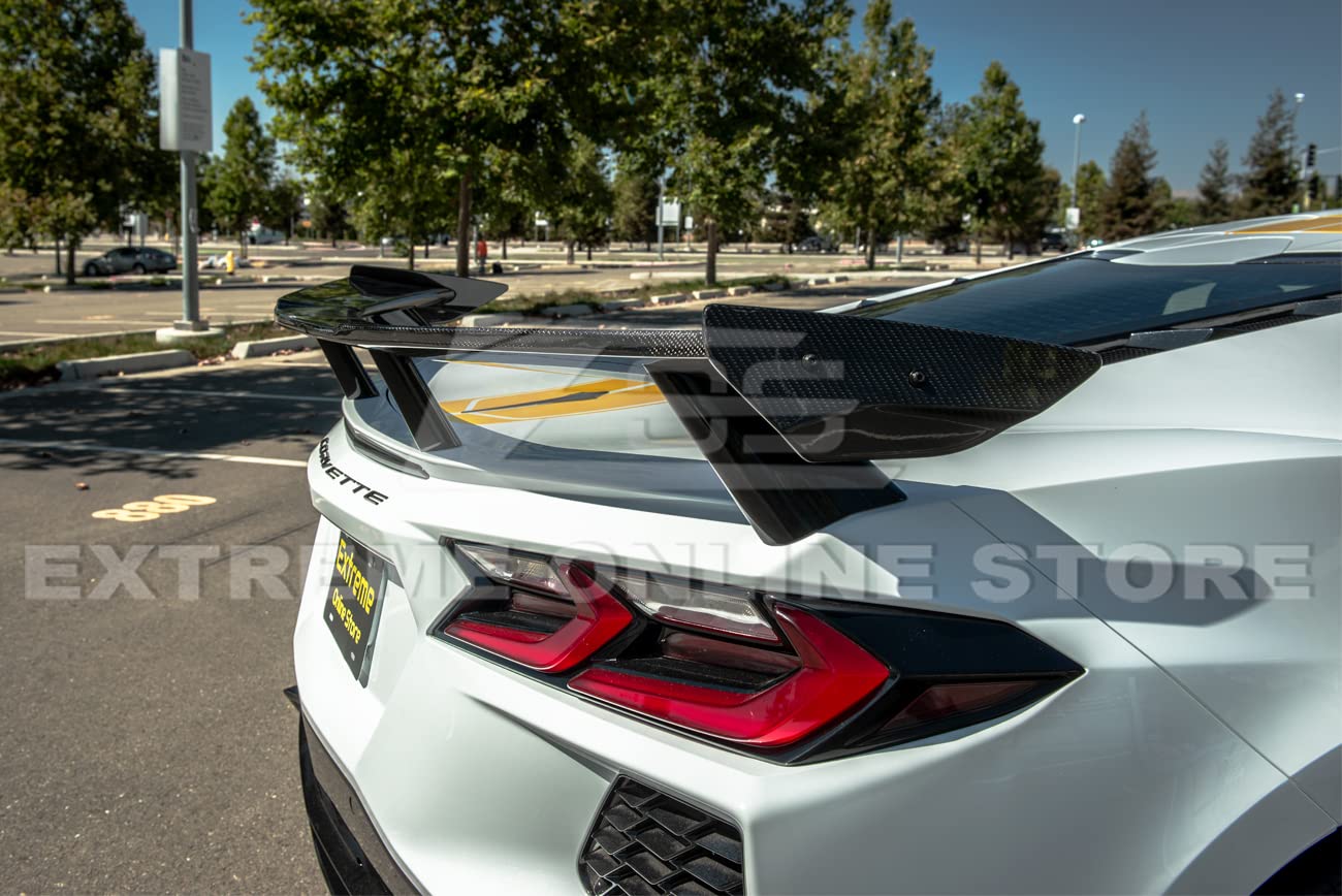 2020-Present Chevrolet Corvette C8 High Wing Spoiler Replacement - GM Factory Style Carbon Fiber Rear Trunk Lid Wing with Side Winglets | Perfect for Performance Upgrades & Track Racing