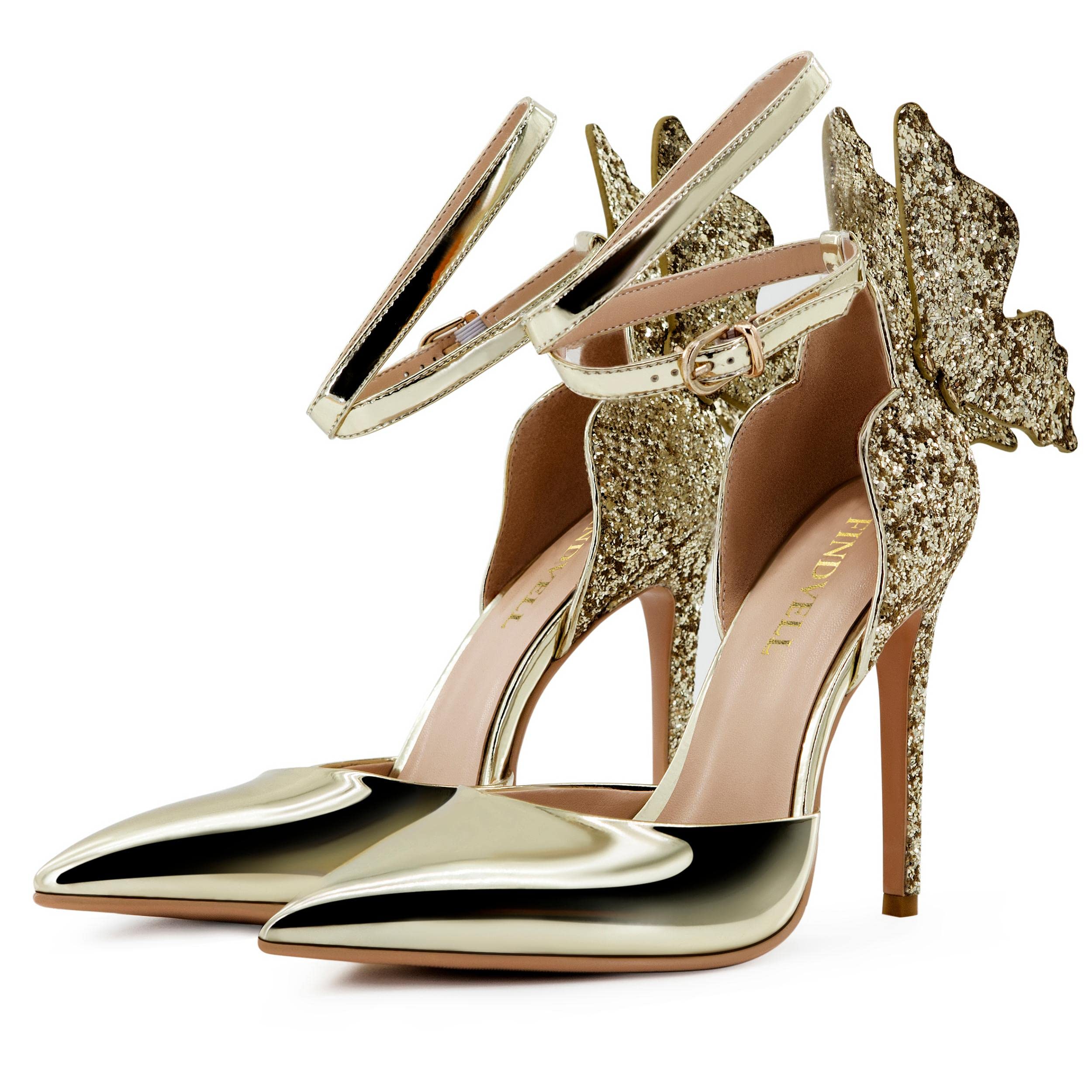 Gold High Heels Butterfly Back Sexy Stiletto Pumps - Sparkly Closed Toe Ankle Strap Dress Sandals for Women | Perfect for Evening Parties, Weddings & Special Occasions