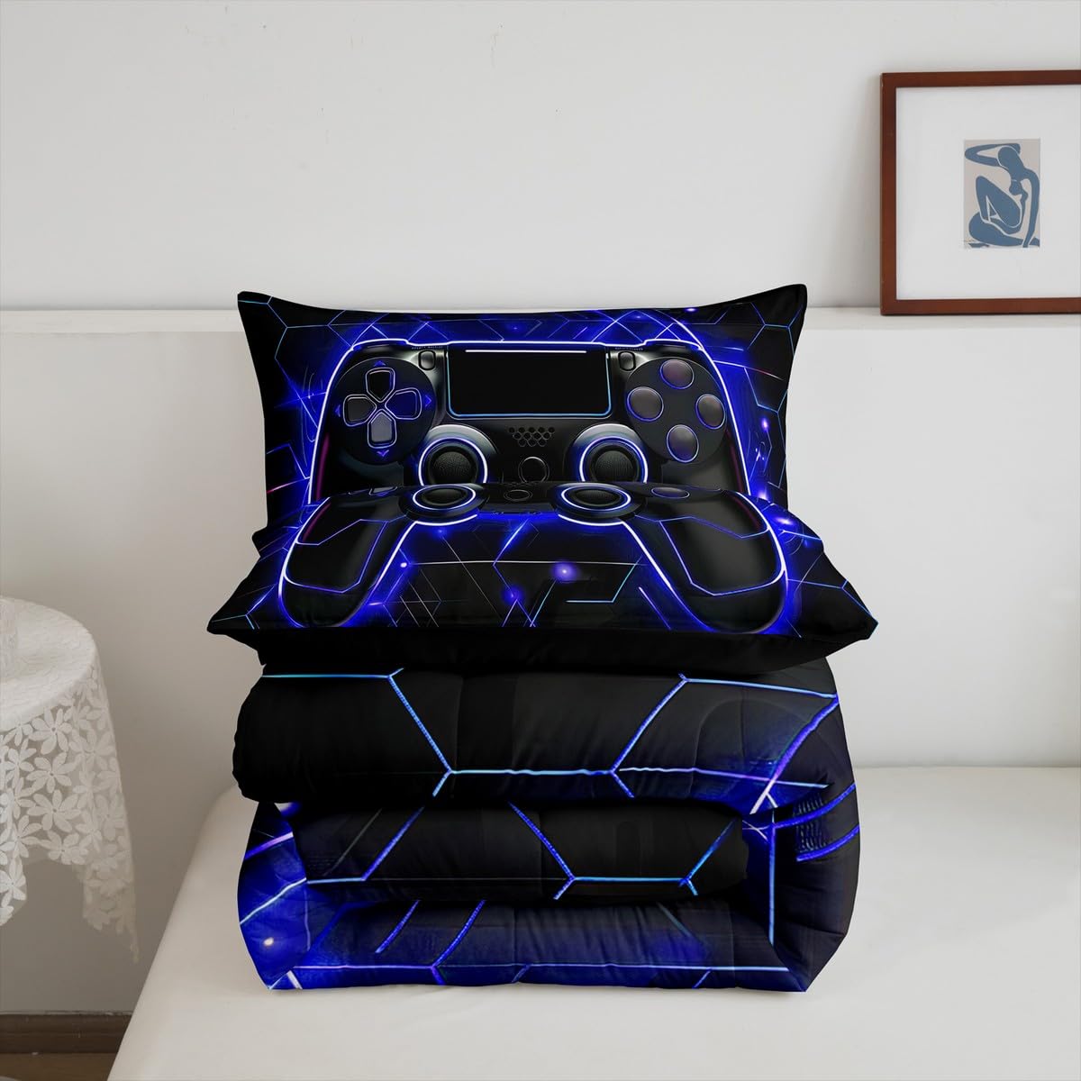 Gaming Comforter Set for Boys - Neon Lights Gamepad Bed Quilt for Teen Bedroom Decor