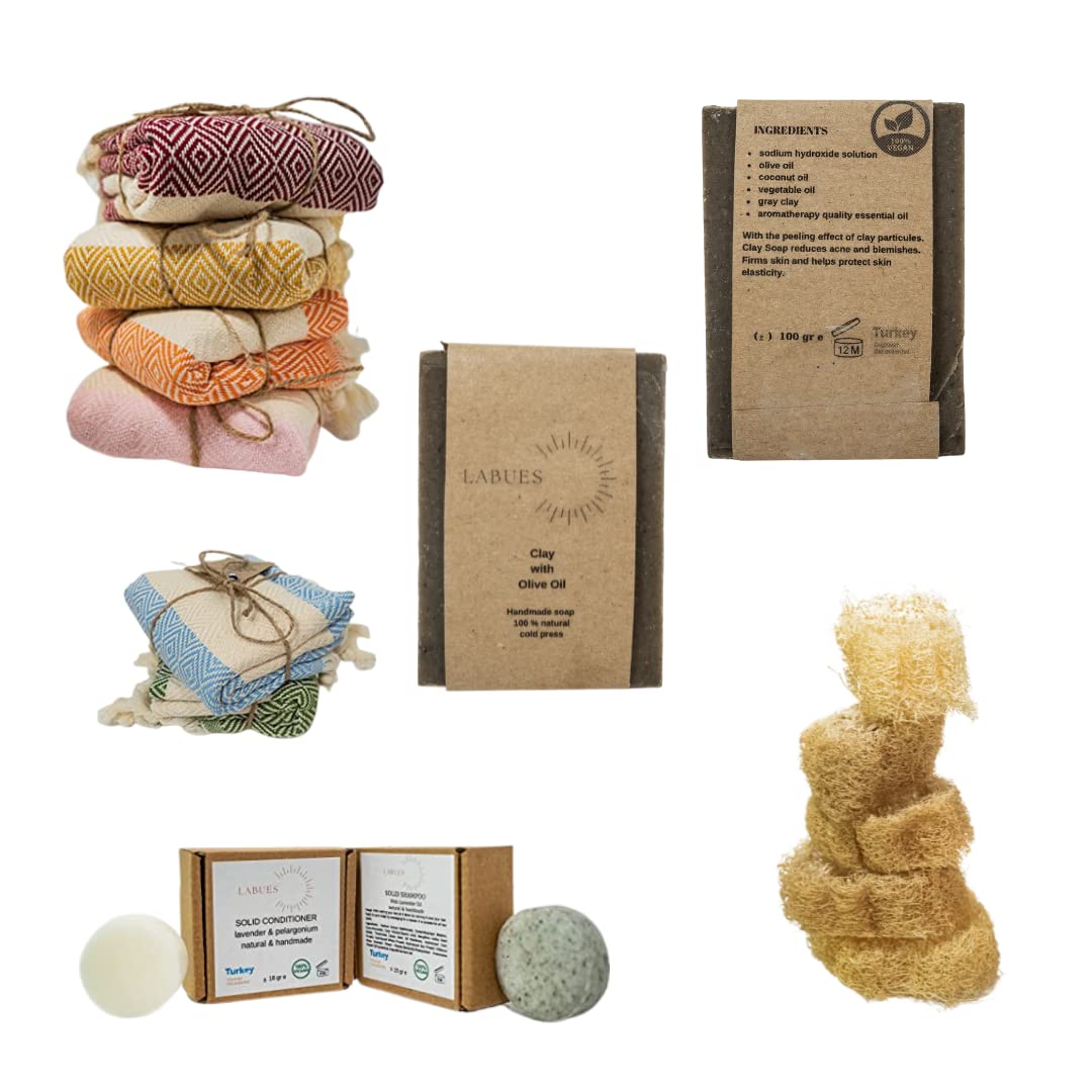 **Natural Handmade Travel Gift Set - Organic Shampoo Bar & Conditioner (10-15 Washes), Clay Soap, Loofah & Turkish Face Towel for Acne & Blemish Care – Perfect for Travel, Eco-Friendly Bath & Skincare Routine**