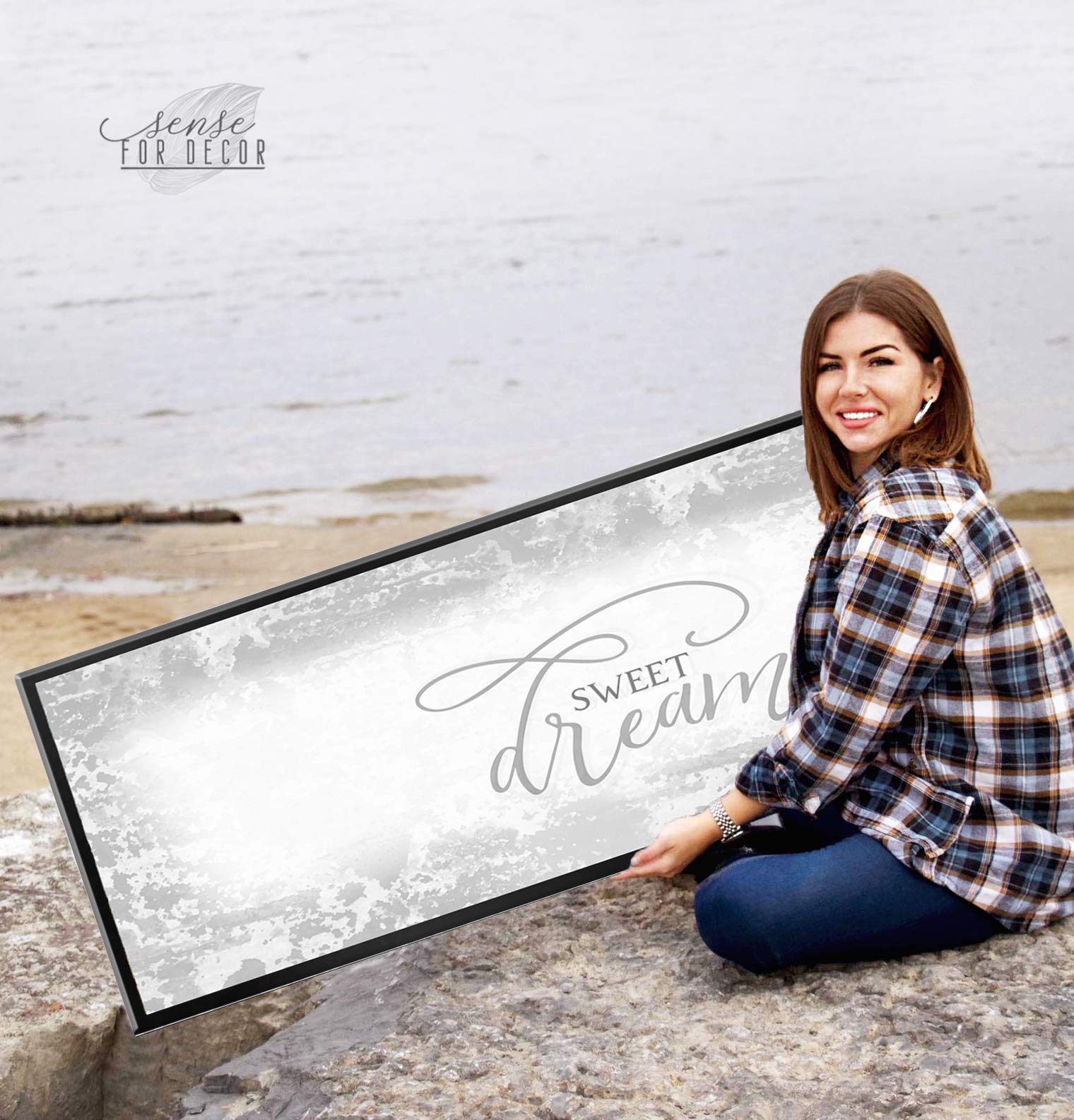 Sweet Dreams Wall Art Decor - Large Framed Canvas for Master Bedroom, Above Bed Sign (Grey & Black Floating Frame 42x19) - Perfect for Home Decor, Housewarming Gifts & Cozy Bedroom Aesthetics